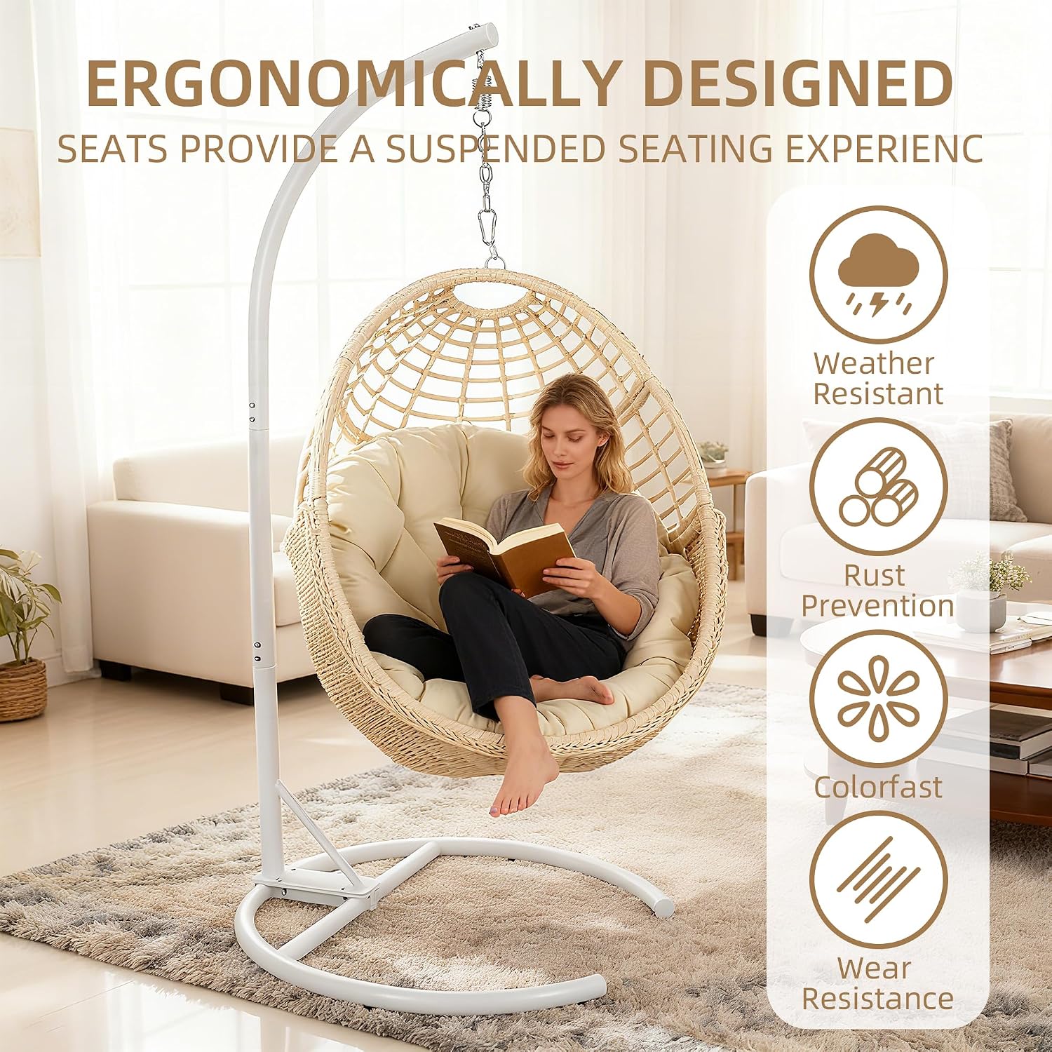 TWT Egg Swing Chair with Stand Hanging Egg Chair Outdoor - Rattan Wicker Patio Hanging Basket Chair Hammock Chair with Metal Frame and UV Resistant Cushion for Indoor Bedroom Balcony (Beige)