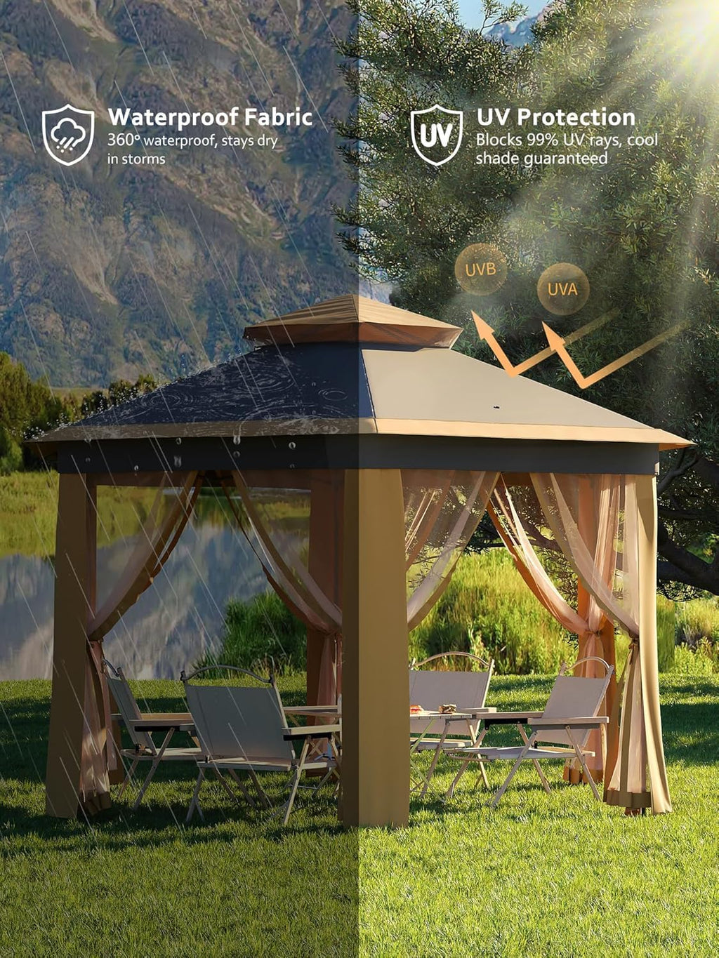 13x13FT Pop Up Gazebo Screen Tent,Hexagonal Instant Gazebo Tent with Mosquito Netting Outdoor Canopy,6 Sided Sun Shelter with Mesh Netting,Pavilion Tents for Lawn, Garden, Backyard & Patio Furniture