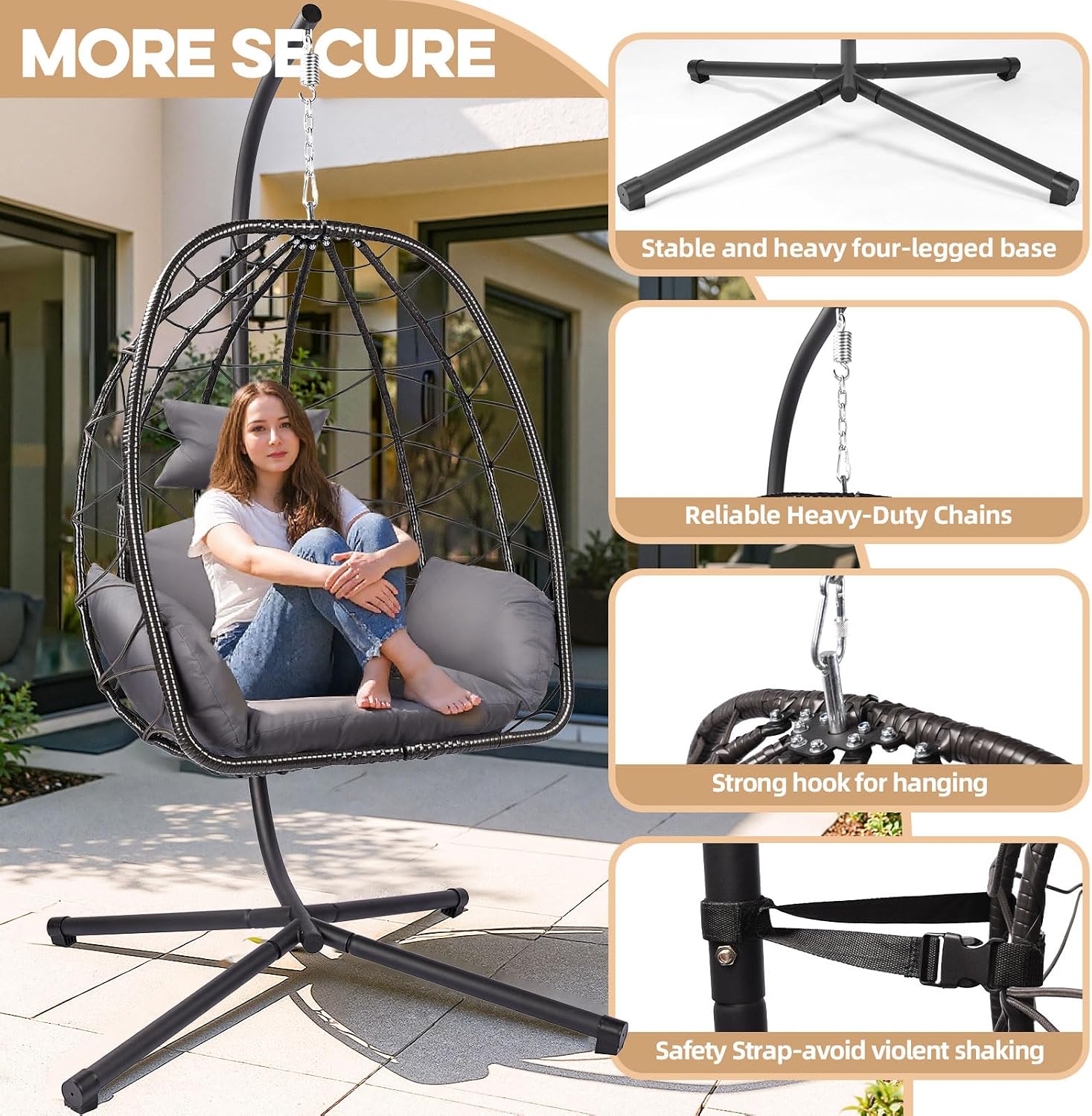 Egg Chair with Stand Outdoor Ratten Wicker Hanging Egg Chair Outdoor Indoor with Thickened Cushion Swing Chair Hammock for Patio Apartment Bedroom Garden Balcony (Dark Grey Wicker+Grey Cushion)