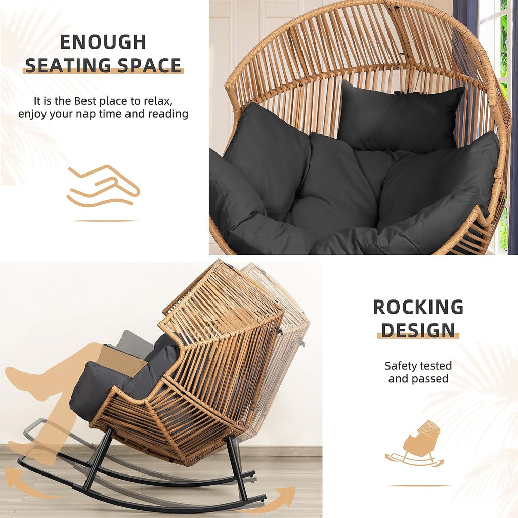 Vongrasig Wicker Rocking Egg Chair PE Rattan with Cushion, Oversized Patio Lounge Rocker Chair for Outdoor, Indoor, Balcony, Backyard, Garden, Black