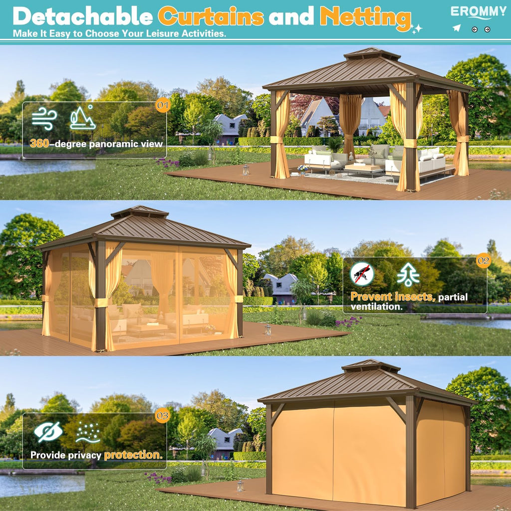 EROMMY 12' x 12' Hardtop Gazebo, Aluminum Frame Gazebos with Galvanized Steel Double Roof, Permanent Outdoor Metal Pavilion with Curtain and Netting for Patio, Lawn, Deck