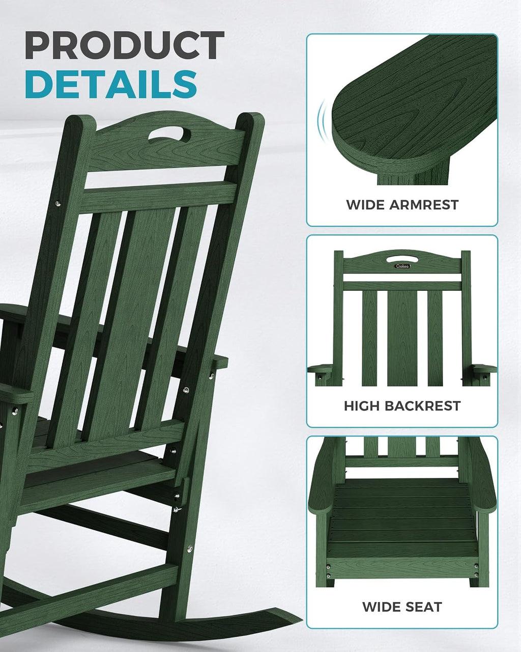 Ciokea Oversized Outdoor Rocking Chair, 380lbs Heavy-Duty Large Patio Rocker, Weather Resistant & Anti-Fade Porch Chair, High Back Cozy Rocking Chair for Outside, Fire Pit, Deck, Garden,Forest