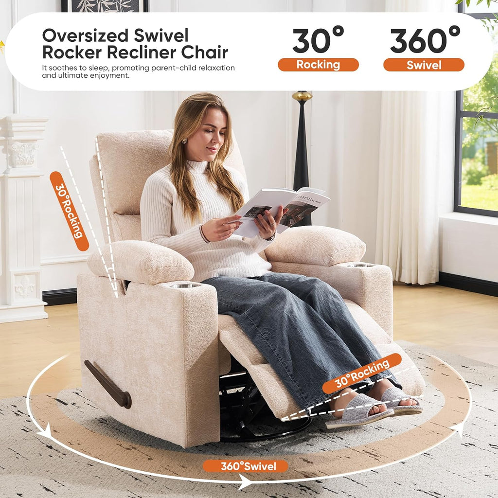 Swivel Rocker Recliner with Adjustable Armrests, Rocking Nursery Chair with Adjustable Headrest, Cup Holder, Manual Recliner Nursing Chair for Breastfeeding, Chenille Beige
