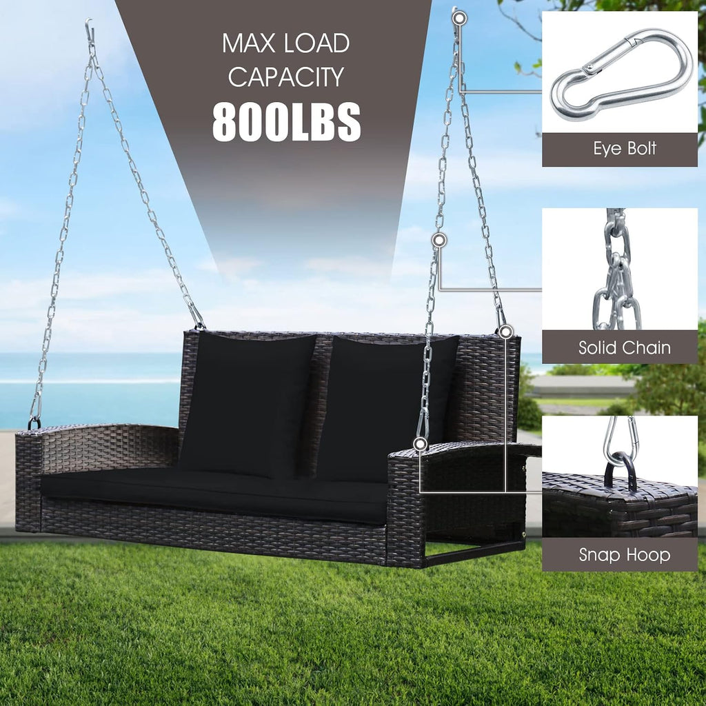 Tangkula 2-Person Wicker Porch Swing, Patiojoy Outdoor Rattan Hanging Swing Bench W/ 2 Back Cushions & 1 Seat Cushion, Sturdy Steel Chain, 800lbs Weight Capacity