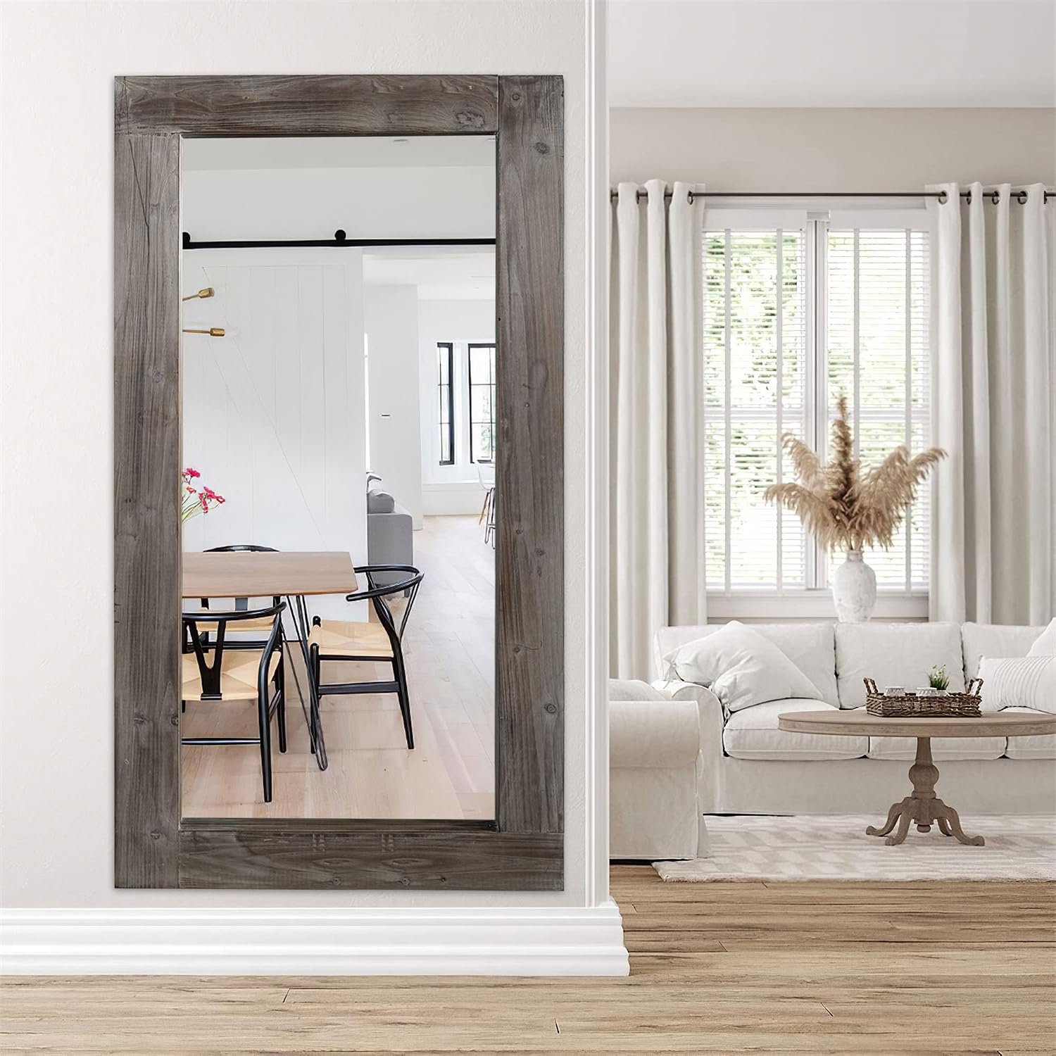 NeuType Floor Mirror Full Length, 71x32in Rustic Wood Frame Full Body Dressing Mirror, Wall-Mounted or Leaning Against Wall Standing Mirror, Farmhouse Decor for Bedroom Living Room, Charcoal Grilled
