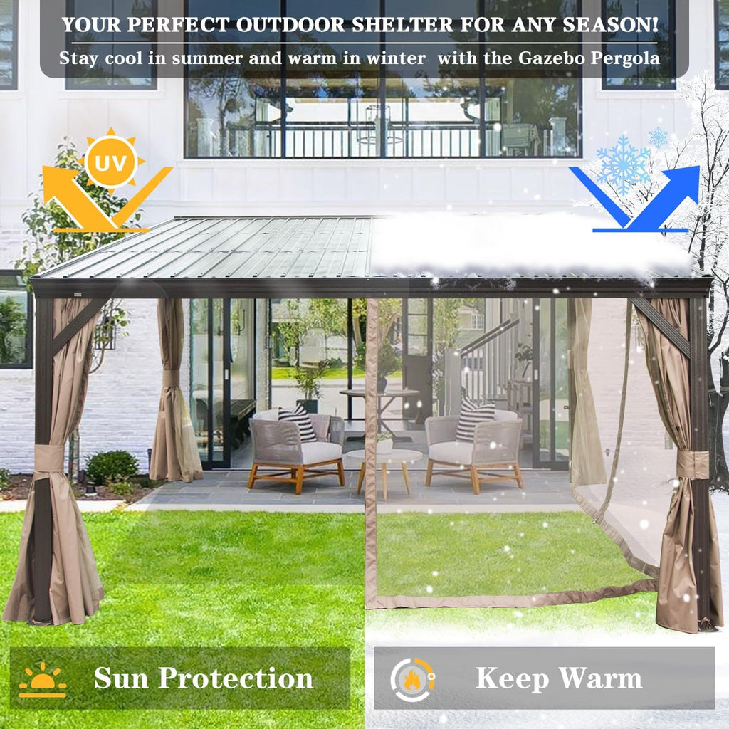 Domi 10x12FT Wall-Mounted Hardtop Gazebo, Aluminum Lean to Gazebo with Galvanized Steel Sloping Roof, Curtains & Netting for Outdoor Patio, Deck, Backyard, Garden Parties