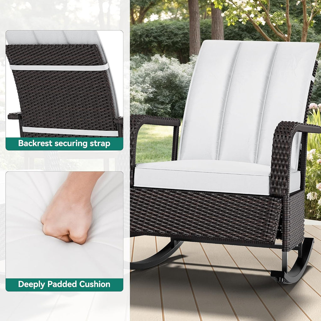 YITAHOME Outdoor Rocking Chair, Wicker Lounge Chair with Adjustment Backrest, PE Rattan Patio Recliner with Adjustable Footrest and Soft Cushions, Ideal for Garden Backyard Porch Patio