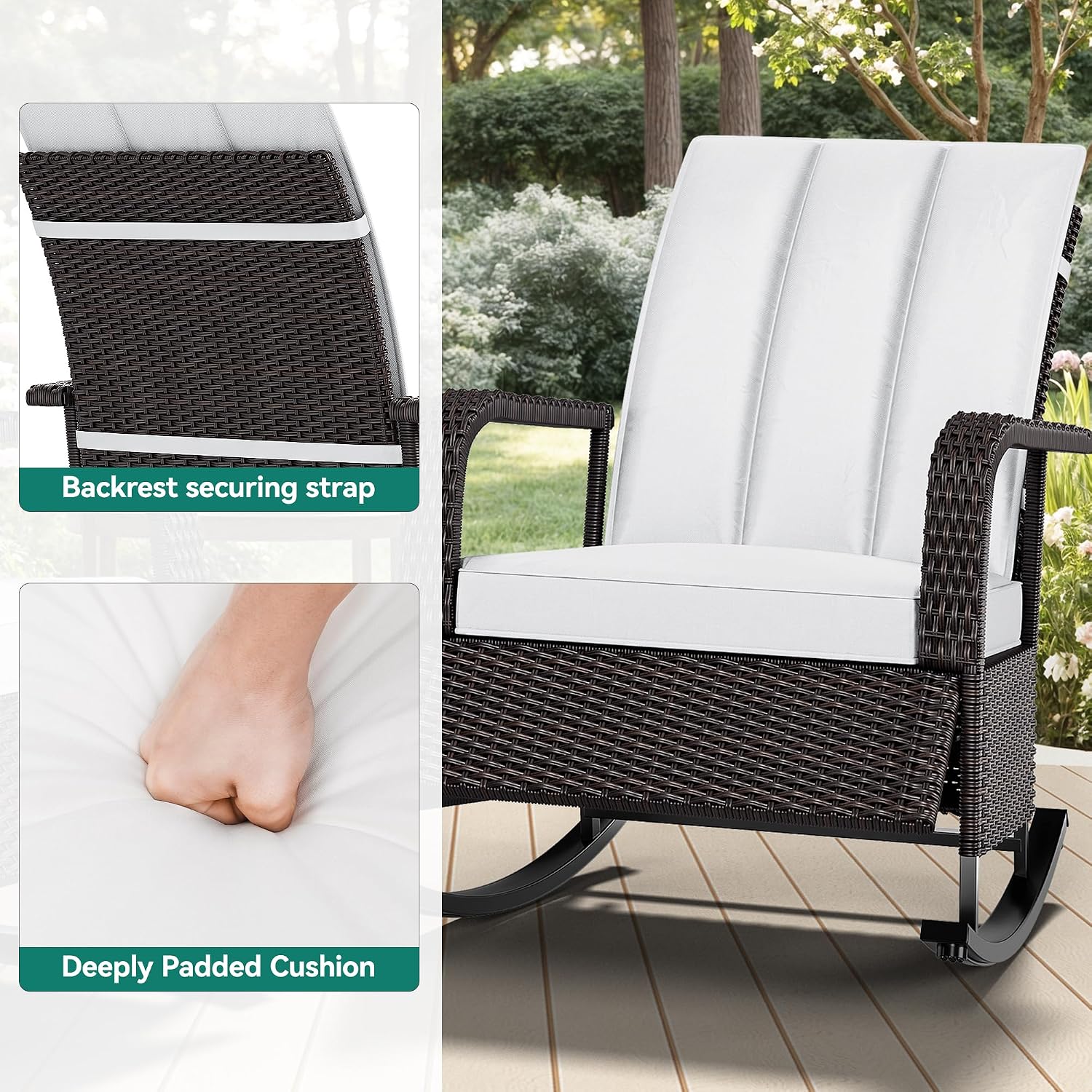 YITAHOME Outdoor Rocking Chair, Wicker Lounge Chair with Adjustment Backrest, PE Rattan Patio Recliner with Adjustable Footrest and Soft Cushions, Ideal for Garden Backyard Porch Patio