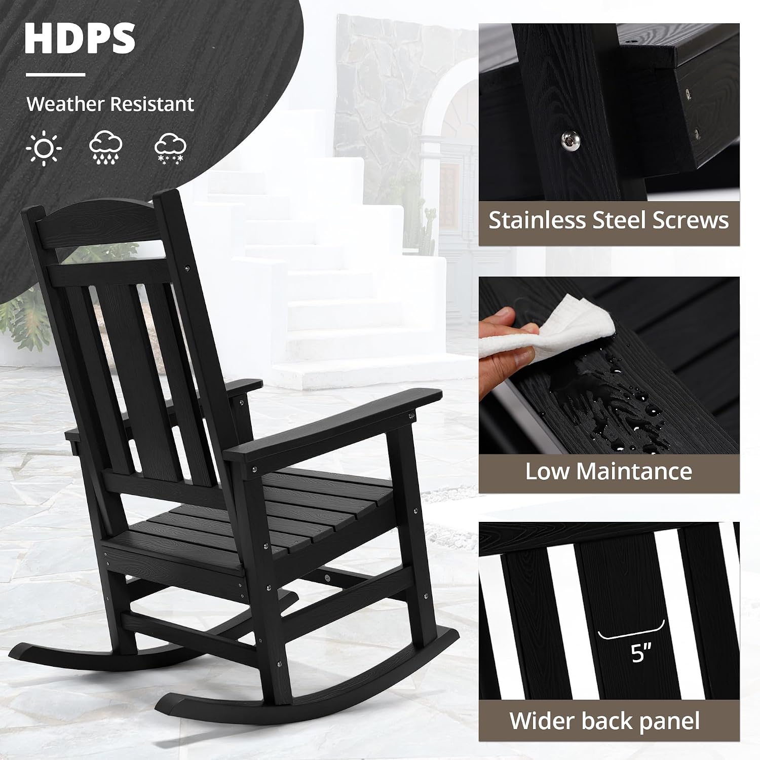 LUE BONA Outdoor Rocking Chairs Set of 2, Weather Resistant Poly Plastic Rocker, 350lb Heavy Duty, Oversized Porch Rocker for Adult, High Back Smooth for Outdoor & Indoor, Black