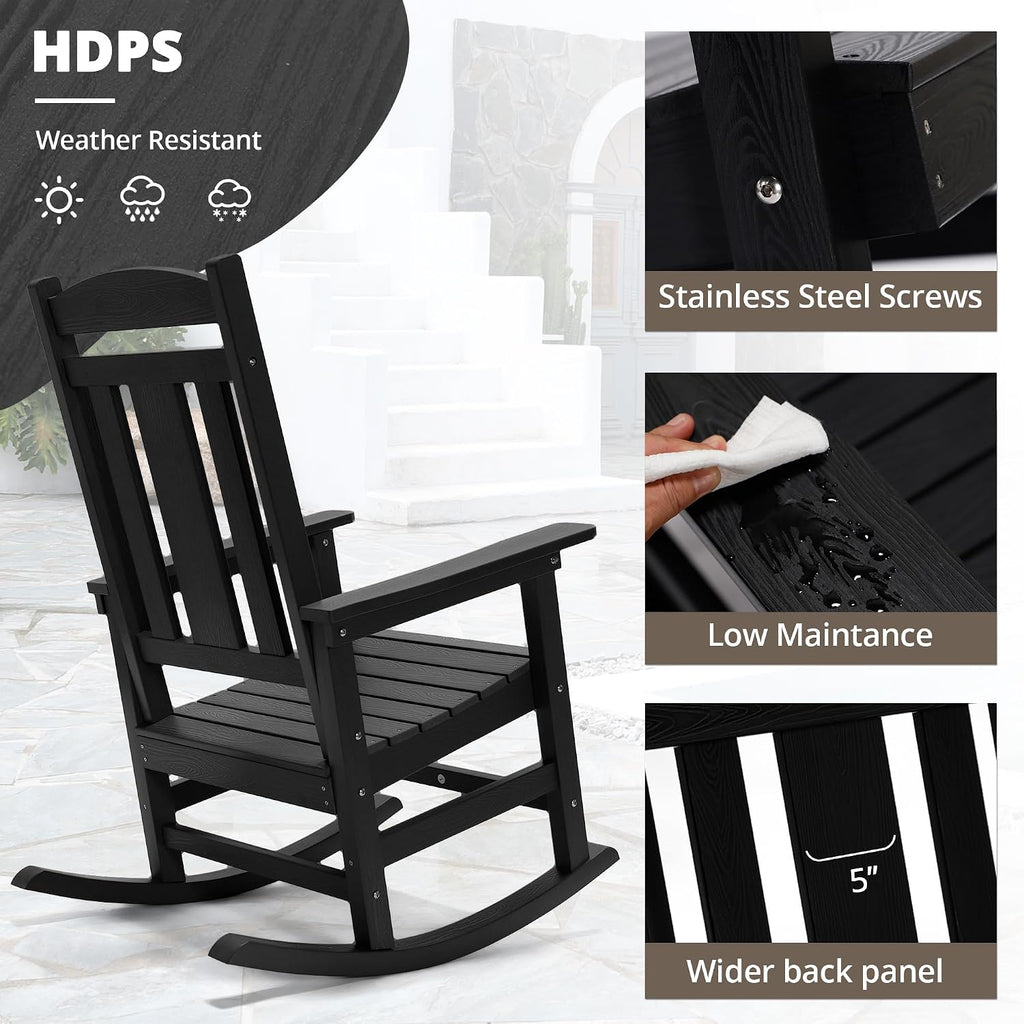 LUE BONA Outdoor Rocking Chairs Set, 3-Piece, HDPS Poly Porch Rockers with Table, Plastic Weather Resistant Rocking Chair Set for Outdoor Indoor, Garden, Backyard, 350lb, Black Chairs+Table