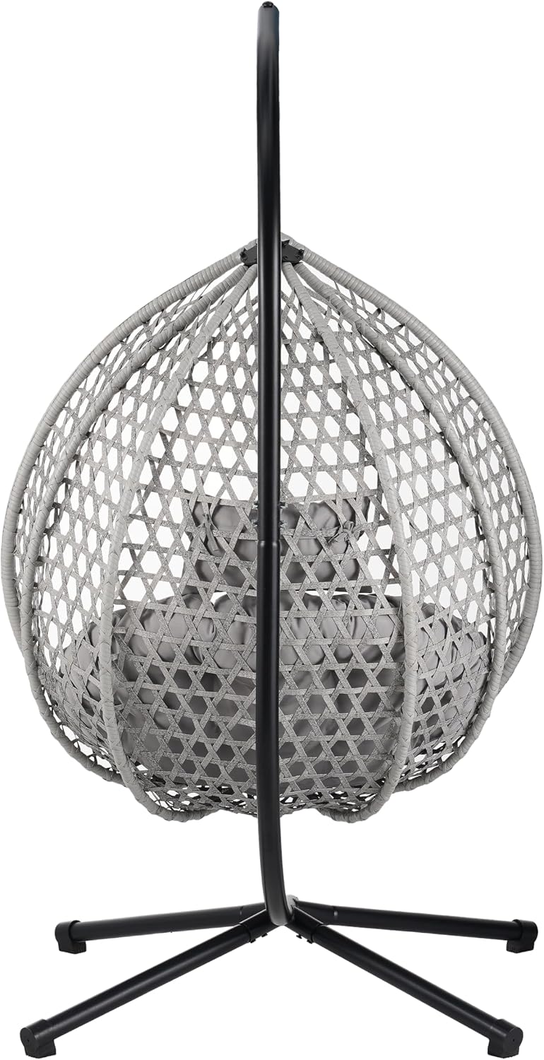 Polibi Hanging Egg Chair with Stand - PE Rattan Indoor Outdoor Swing Chair Heavy Duty 330lbs - Breathable Hollowed Design & Adjustable Headrest - Patio Balcony Garden Lounger,Gray+Gray