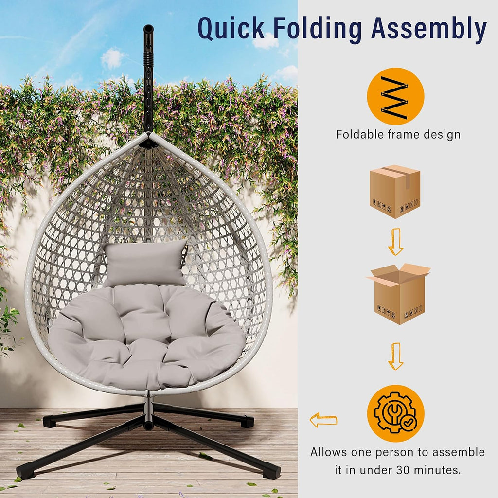Indoor Outdoor Hammock Chair with Stand, Rattan Egg Hanging Swing Chair with Cushion for Balcony Bedroom Garden (Gray+Gray)