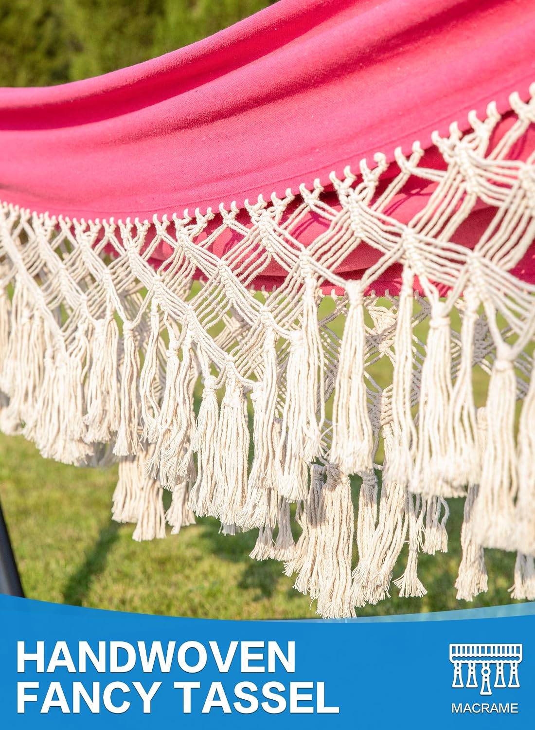PNAEUT Handmade Tassel Hammocks, Double Hammock with Stand for Outside, Max 450 lbs Capacity, Pillow & Storage Bag Included (Pink)