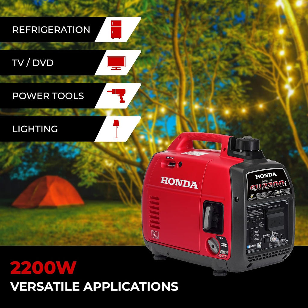 Honda EU2200i 2200 Watt Inverter Generator, Super Quiet 120V Gas Powered Portable Generator for Camping or Home Backup Power Supply, Up to 8.1 Hour Run Time (EU2200ITAG)
