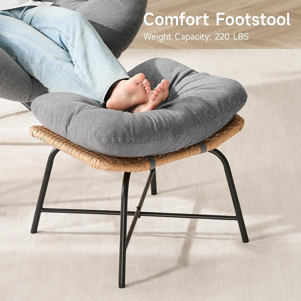 ONBRILL Papasan Rocking Chair with Ottoman,Oversized Papasan Chair with Padded Cushion, Indoor & Outdoor Rocker Chair for Living Room, Patio, Garden, Gray