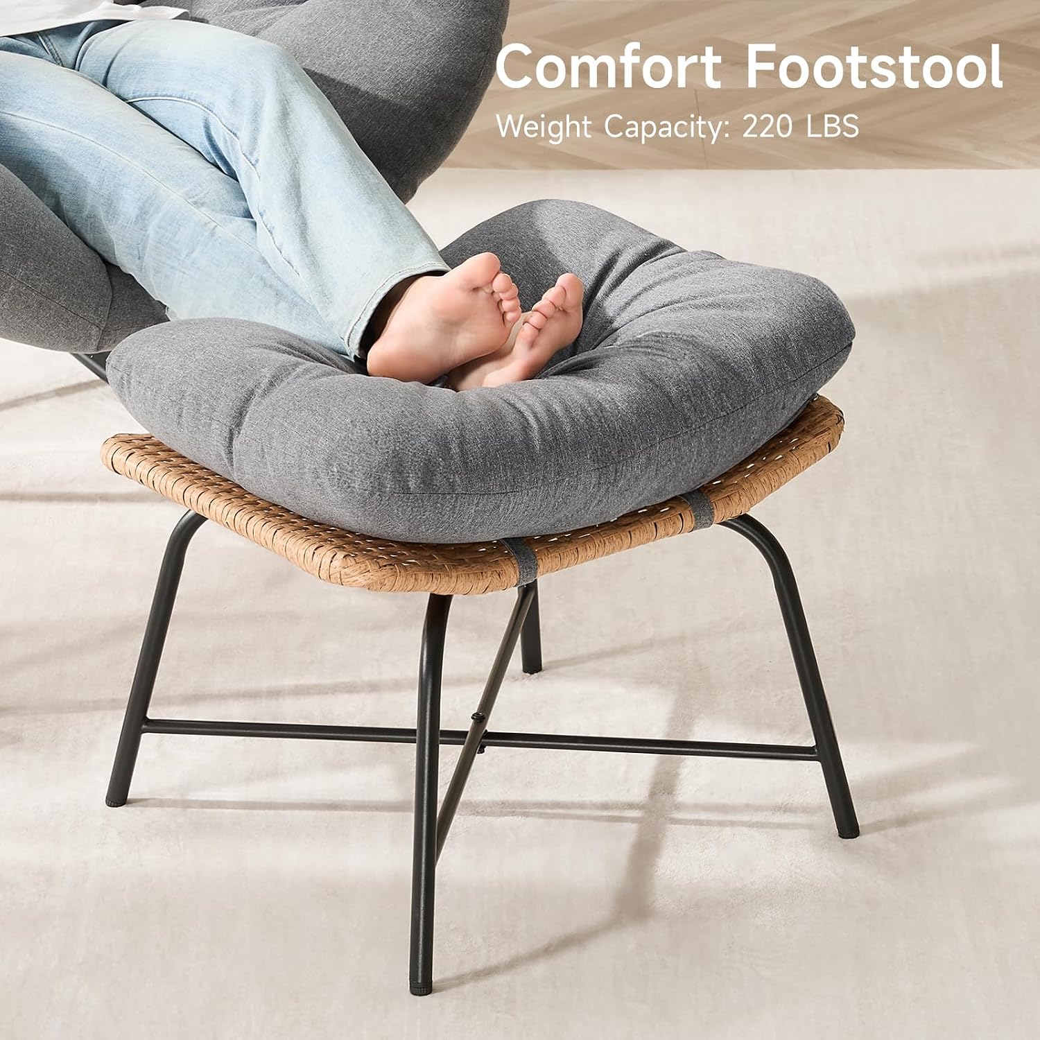 ONBRILL Papasan Rocking Chair with Ottoman,Oversized Papasan Chair with Padded Cushion, Indoor & Outdoor Rocker Chair for Living Room, Patio, Garden, Gray