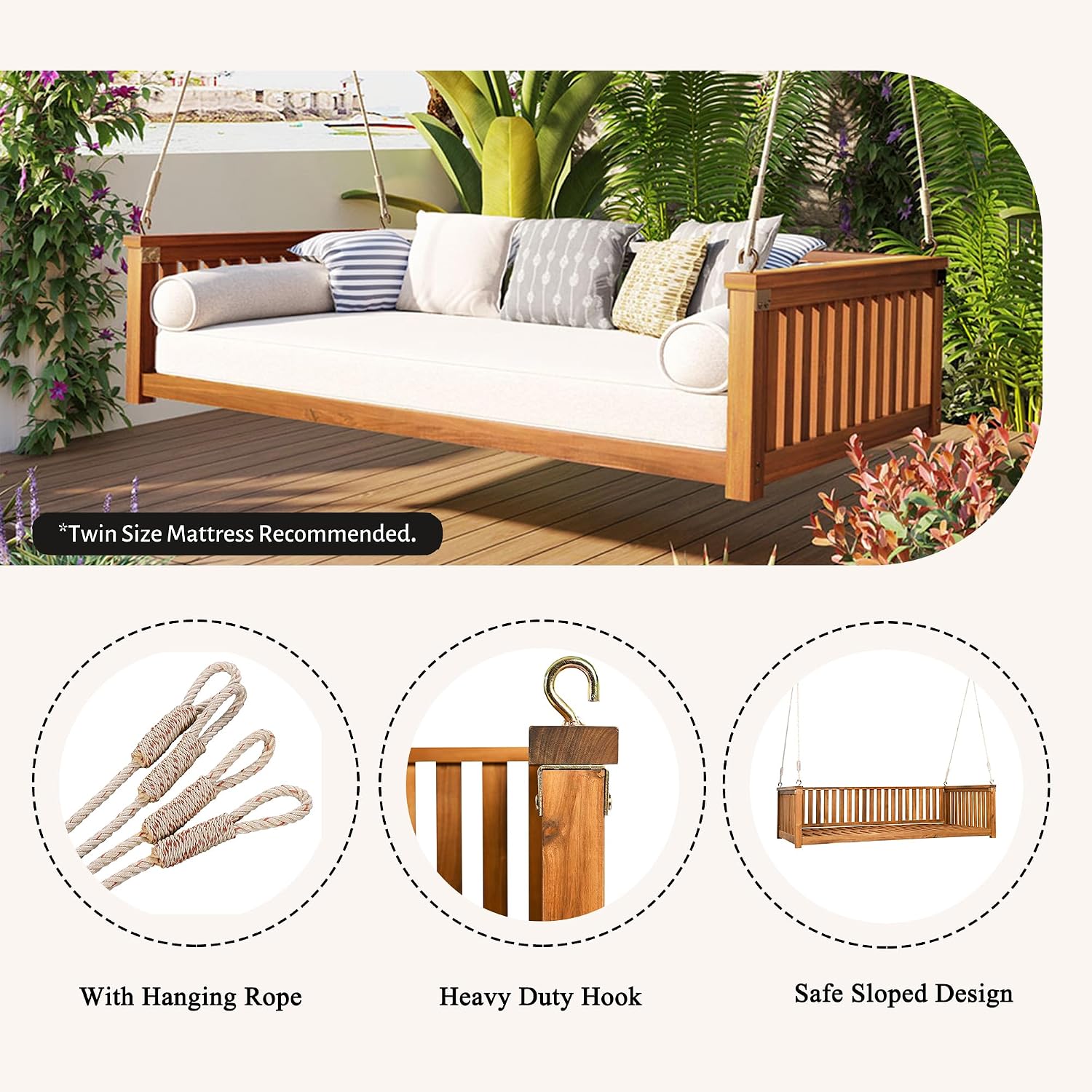 Minimalist 2-Person Acacia Wood Swing Bed, Patio Porch Swing with Ropes for Backyard Garden, Safe Sloped Design (Teak/Acacia)