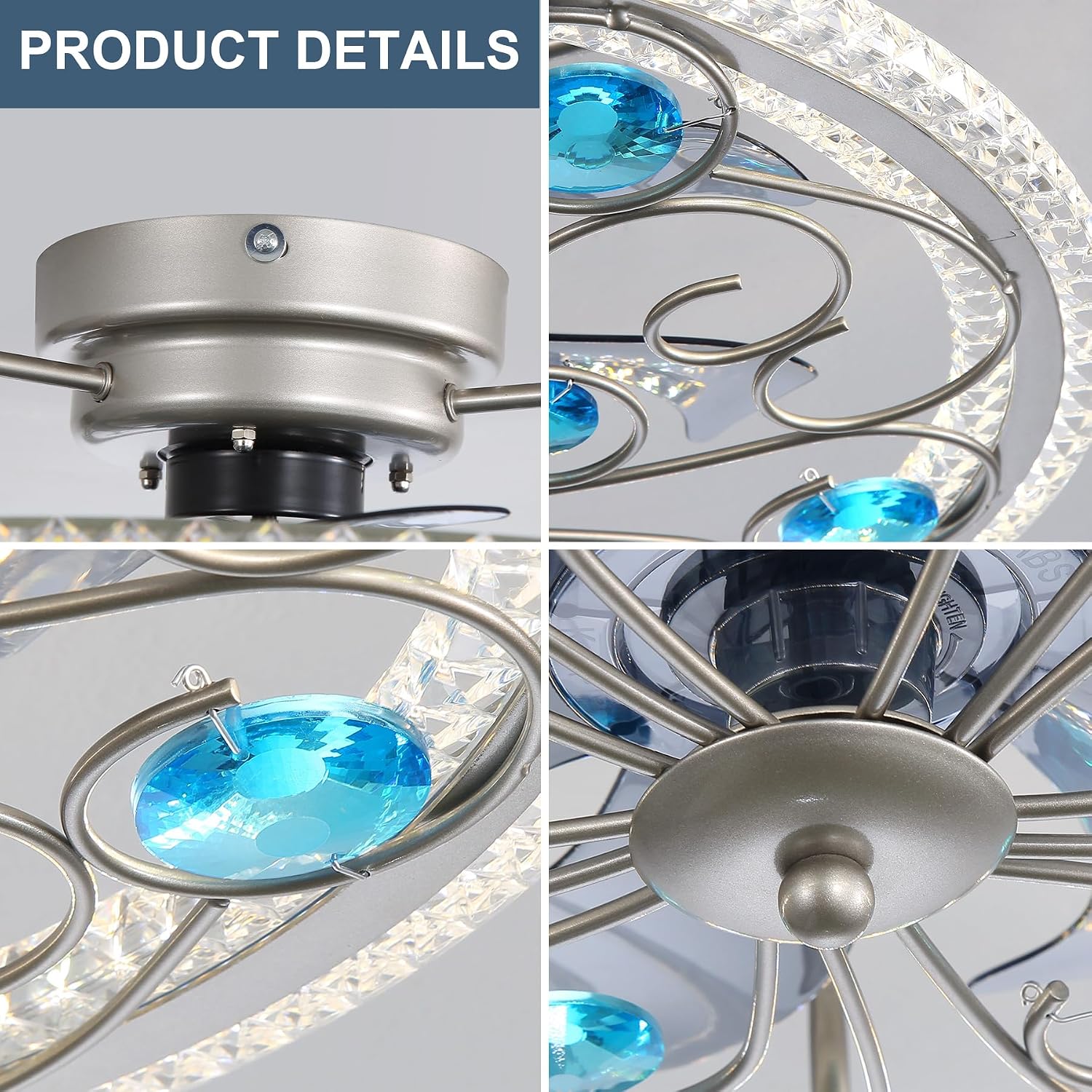 Low Profile Ceiling Fan with Lights 20' Remote Bladeless Ceiling Fan Boho Vintage Flush Mount Ceiling Fans with Light 3 Color Smart LED Dimmable,Handmade Antique Vintage Blue Crystal