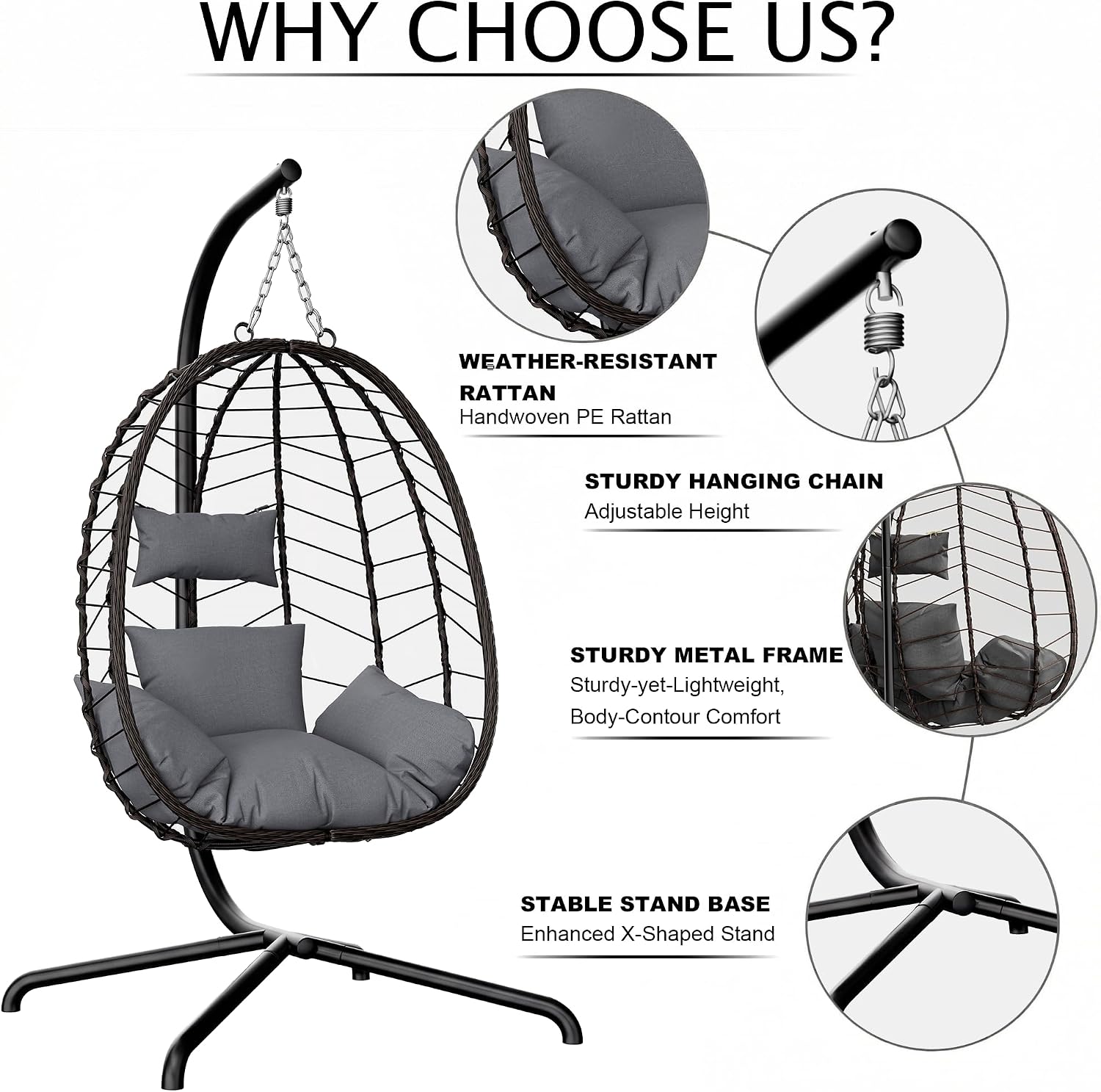 LEX CRAFT Hanging Egg Chair with Stand, Swinging Egg Chair Outdoor Indoor, Hanging Basket Chair with Cushion, Patio Wicker Hammock Chair 350lbs Capacity for Porch, Balcony, Backyard, Garden (Grey1)