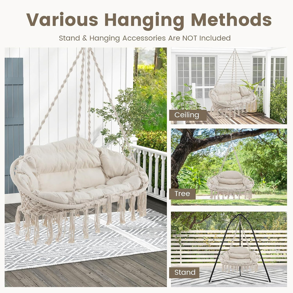 Giantex Hammock Chair, Macrame Hanging Chair with Removable Cushion, Romantic Tassels, Outdoor Indoor Rope Chair for Relax in Bedroom, Porch, Balcony, Backyard, Max 440 lbs, Swinging Chair, Beige