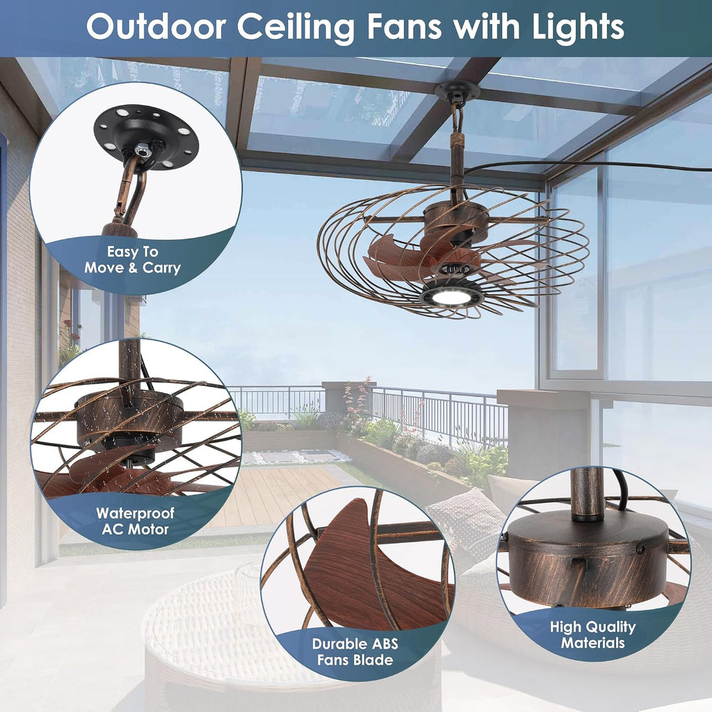20' Outdoor Ceiling Fan with Light, Waterproof Gazebo Fan Remote Control, Dimmable LED Light, Hanging Black Caged Ceiling Fixtures with Plug in Cord for Patios Pergola, Black Gold
