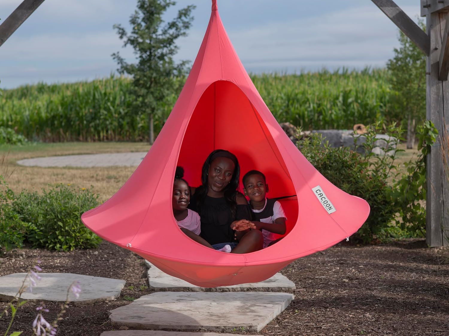 Double Cacoon Hanging Chair for Two – Cozy Indoor/Outdoor Hammock with Polyester Canvas, 440 lb Capacity, Includes 18ft Rope & Carabiner (Coral Rose)