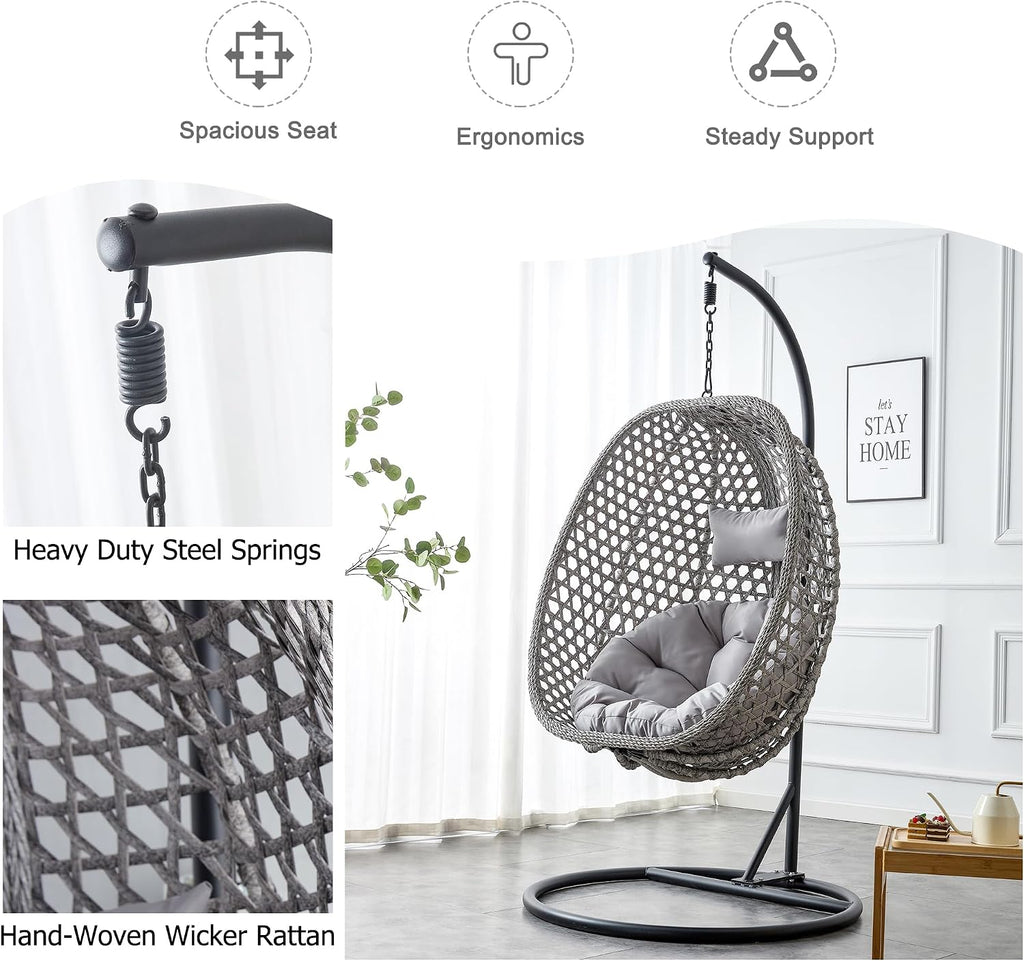 Egg Swing Chair Outdoor with Stand, Swinging Chair Outdoor,Hanging Egg Chairs with Cushion and Pillow, Foldable Basket and Metal Stand for Porch, Patio, Bedroom, Balcony (Grey)