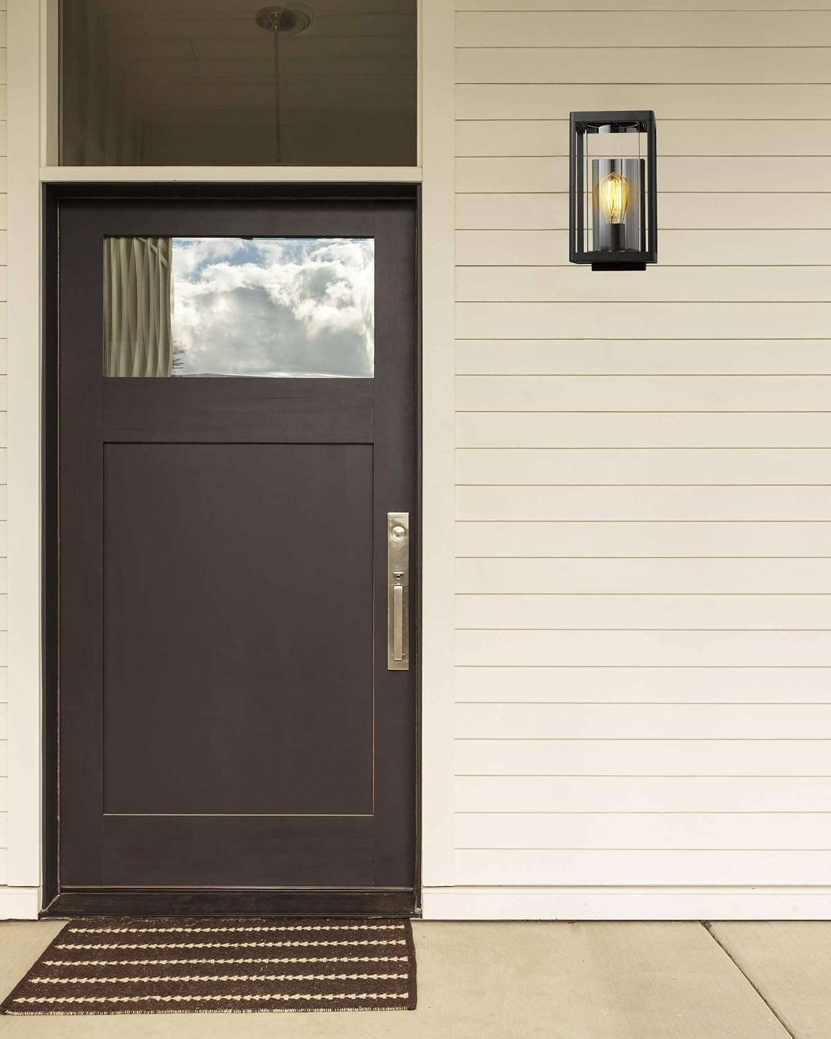 Beionxii Dusk to Dawn Outdoor Wall Lights, Modern Exterior Wall Sconces Porch Lantern, Black Cast Aluminum w/Clear Cylinder Glass - A291W-2PK