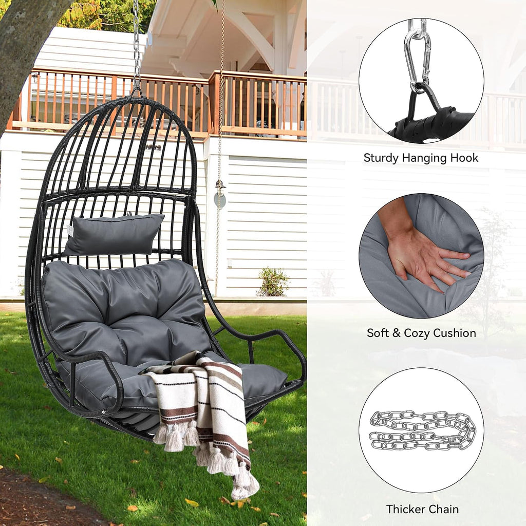 YITAHOME Hanging Egg Chair Swing Egg Chair Wicker Indoor Outdoor Hammock Egg Chair with Cushions 330lbs for Patio, Bedroom, Garden and Balcony, Gray (Stand not Included)