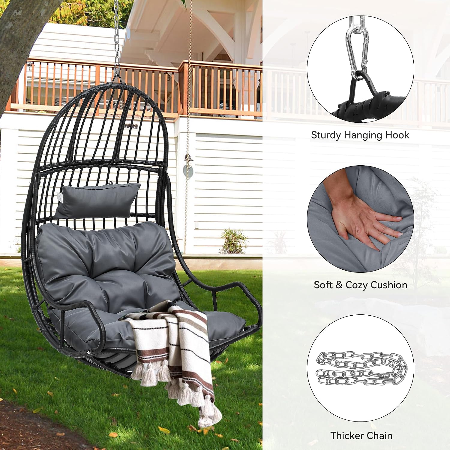 YITAHOME Hanging Egg Chair Swing Egg Chair Wicker Indoor Outdoor Hammock Egg Chair with Cushions 330lbs for Patio, Bedroom, Garden and Balcony, Gray (Stand not Included)