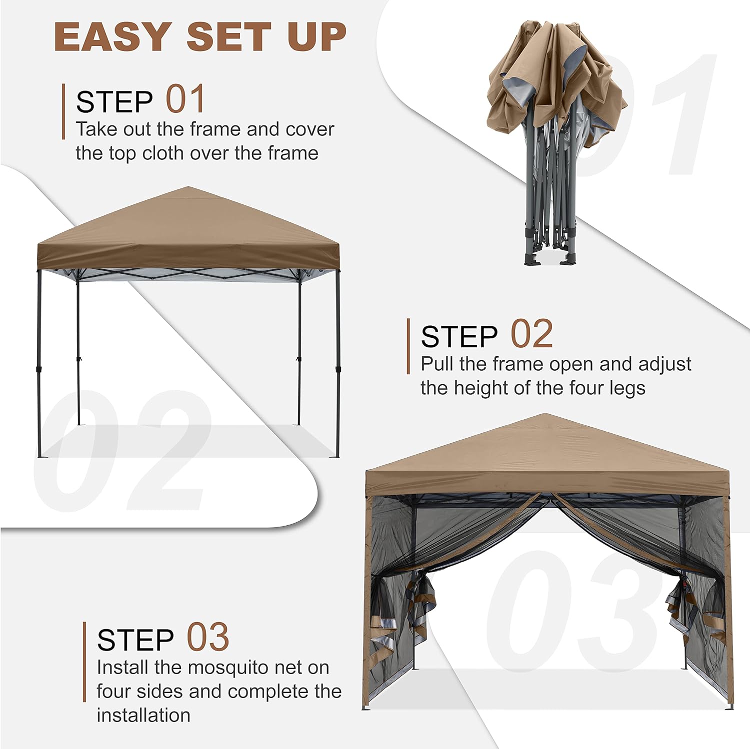 MASTERCANOPY Pop-Up Setup Outdoor Canopy with Netting Screen Walls(8x8, Khaki)