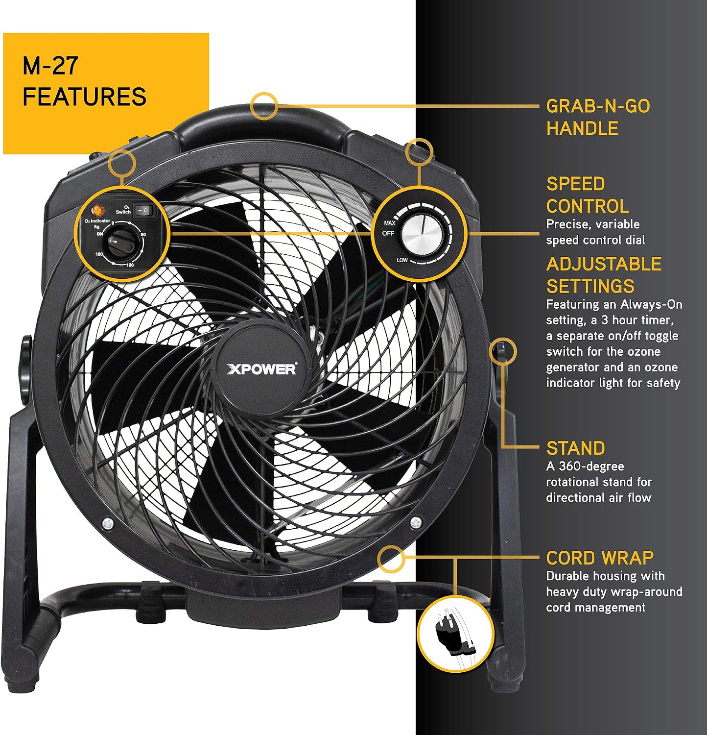 XPOWER M-27 Air Neutralizing Fan, Axial Air Mover w/Ozone Generator, O3 Machine, Commercial, High Capacity, Large Areas, Sanitization, Odor Removal