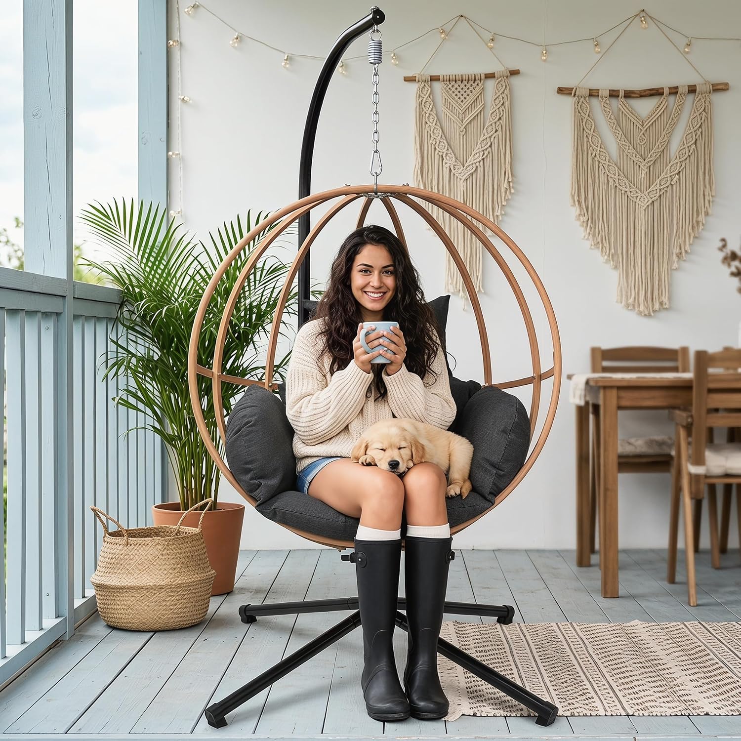 Egg Chairs Outdoor, Metal Hanging Egg Chair with Cushions, Heavy Duty 400LBS Imitation Wicker Egg Swing Chair with Stand, 80' H Hanging Chairs Cozy Basket Seat for Bedroom/Balcony, Charcoal