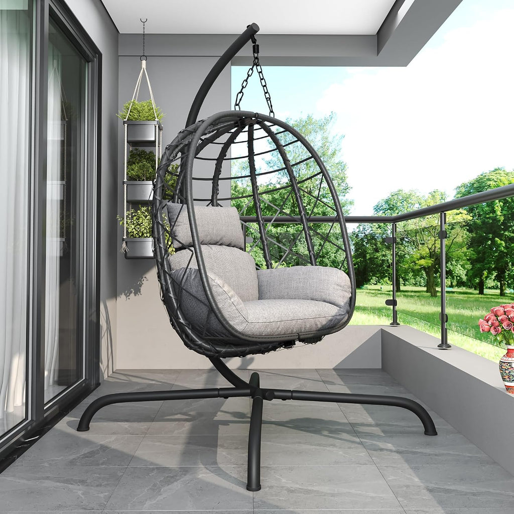 Hanging Egg Chair with Stand Patio Wicker Rattan Swing Chair Hammock Egg Chair for Indoor & Outdoor 400lbs Capacity with Thickened Cushion for Bedroom Balcony Garden