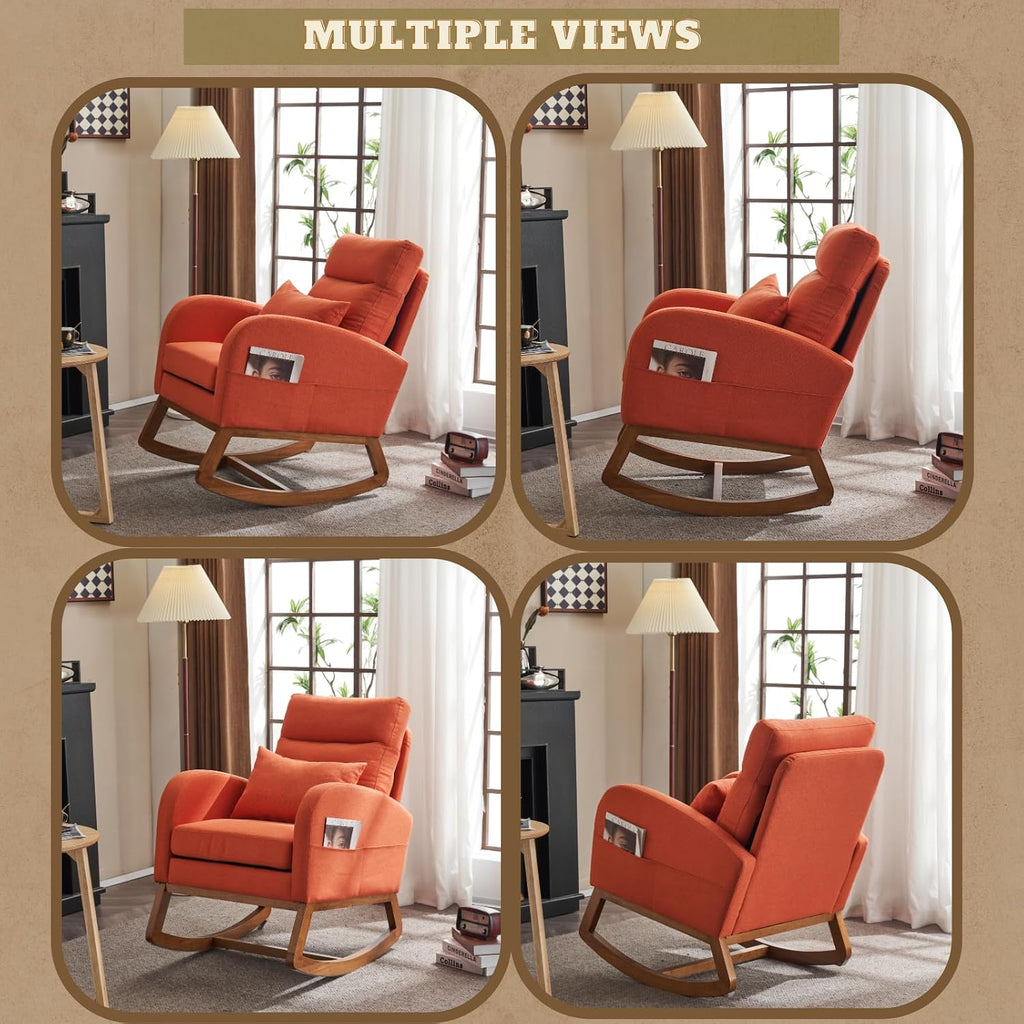 VINGLI Orange Linen Rocking Chair Nursery with Thick Headrest, Upholstered Mid-Century Modern Nursing Rocker Glider with Curved Armrest, Sturdy Solid Wood Base for Living Room, Bedroom, Baby Room