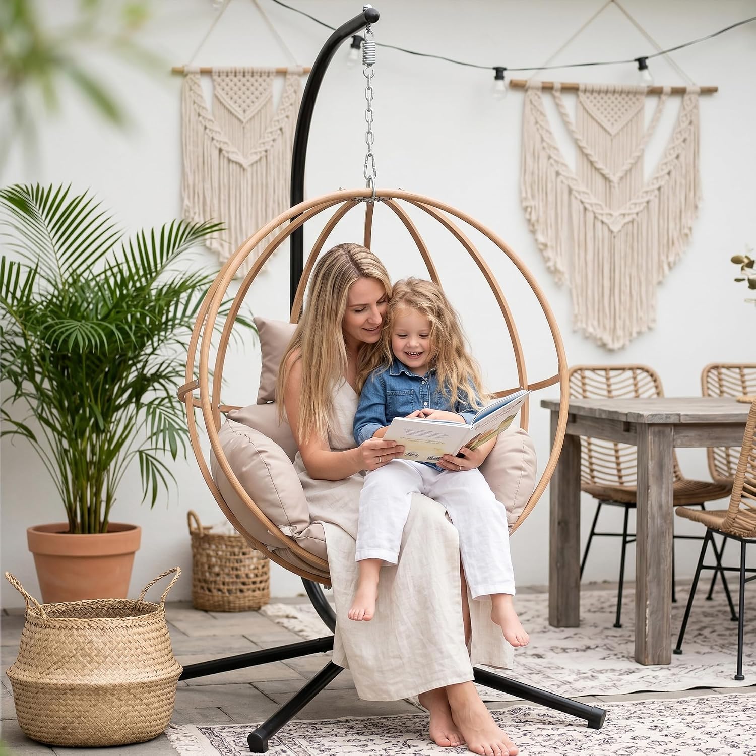 Egg Chair Outdoor, Imitation Rattan Hanging Egg Chair with Stand, Hanging Chairs with Cushions, 80' High All Weather Basket Swinging Chairs, Egg Swing Chairs Outdoorfor Balcony/Deck, Khaki