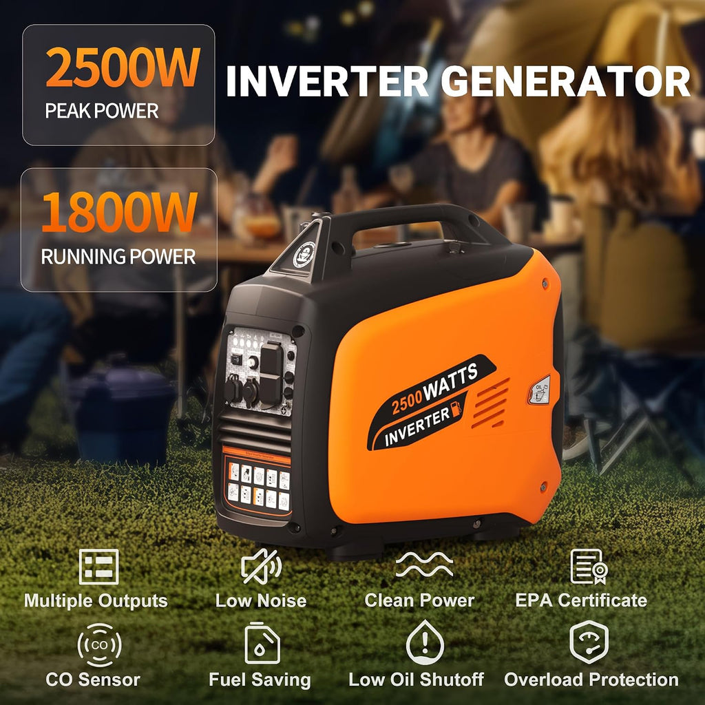 2500 Watt Portable Inverter Generator, Ultra-Quiet Long Runtime Gas Generator with CO-Sensor Fuel Off, Parallel function, for Camping, Tailgating, Home Emergency Use, EPA Compliant (Orange)