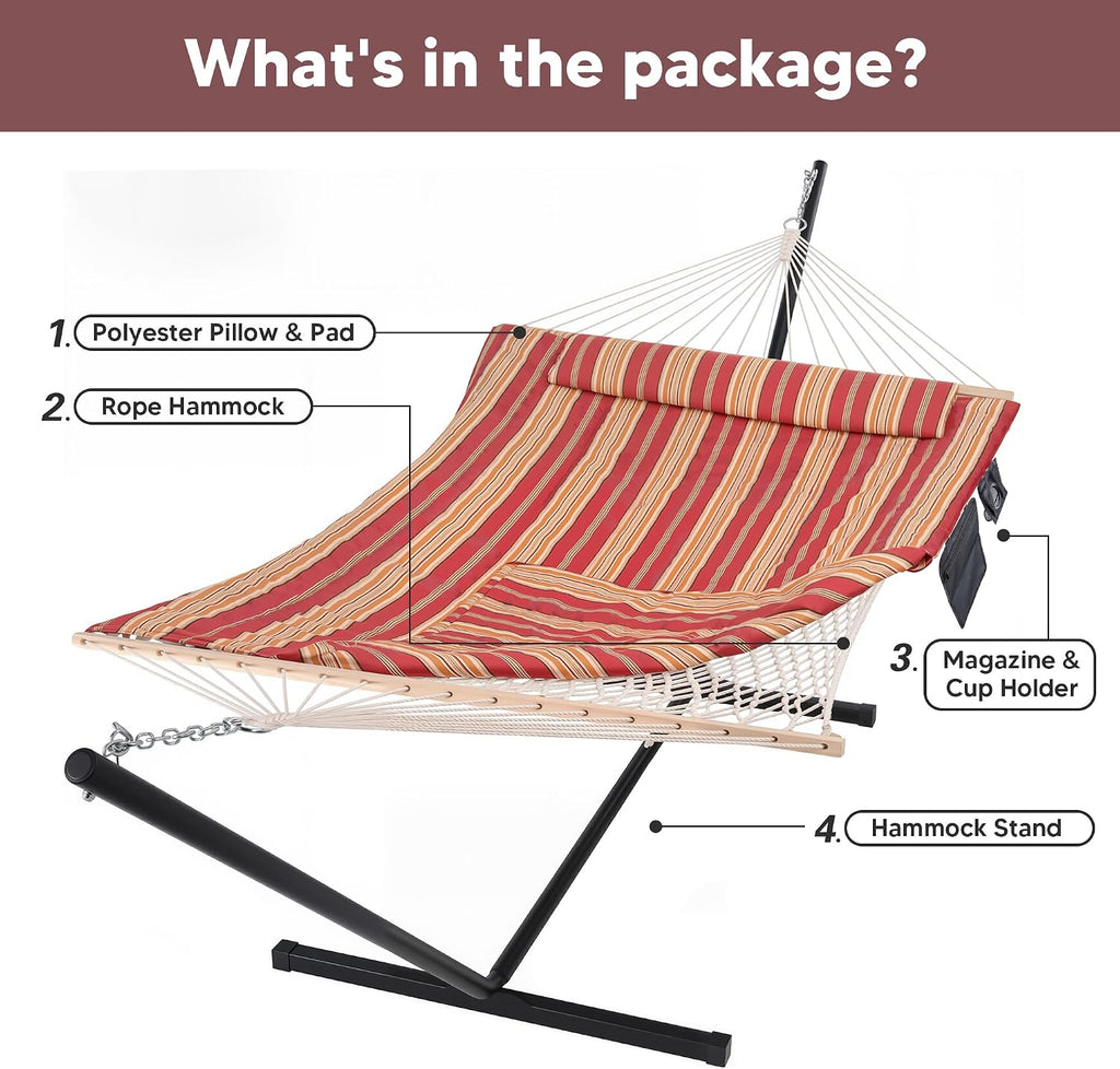SUNCREAT Hammocks Portable Hammock with Stand, Carrying Bag, Hammock with Stand 2 Person Heavy Duty for Bedroom, Backyard, Patio, Balcony, Red Stripe