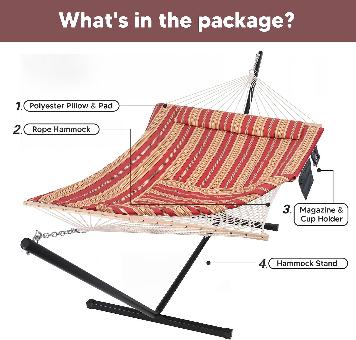 SUNCREAT Hammocks Portable Hammock with Stand, Carrying Bag, Hammock with Stand 2 Person Heavy Duty for Bedroom, Backyard, Patio, Balcony, Red Stripe