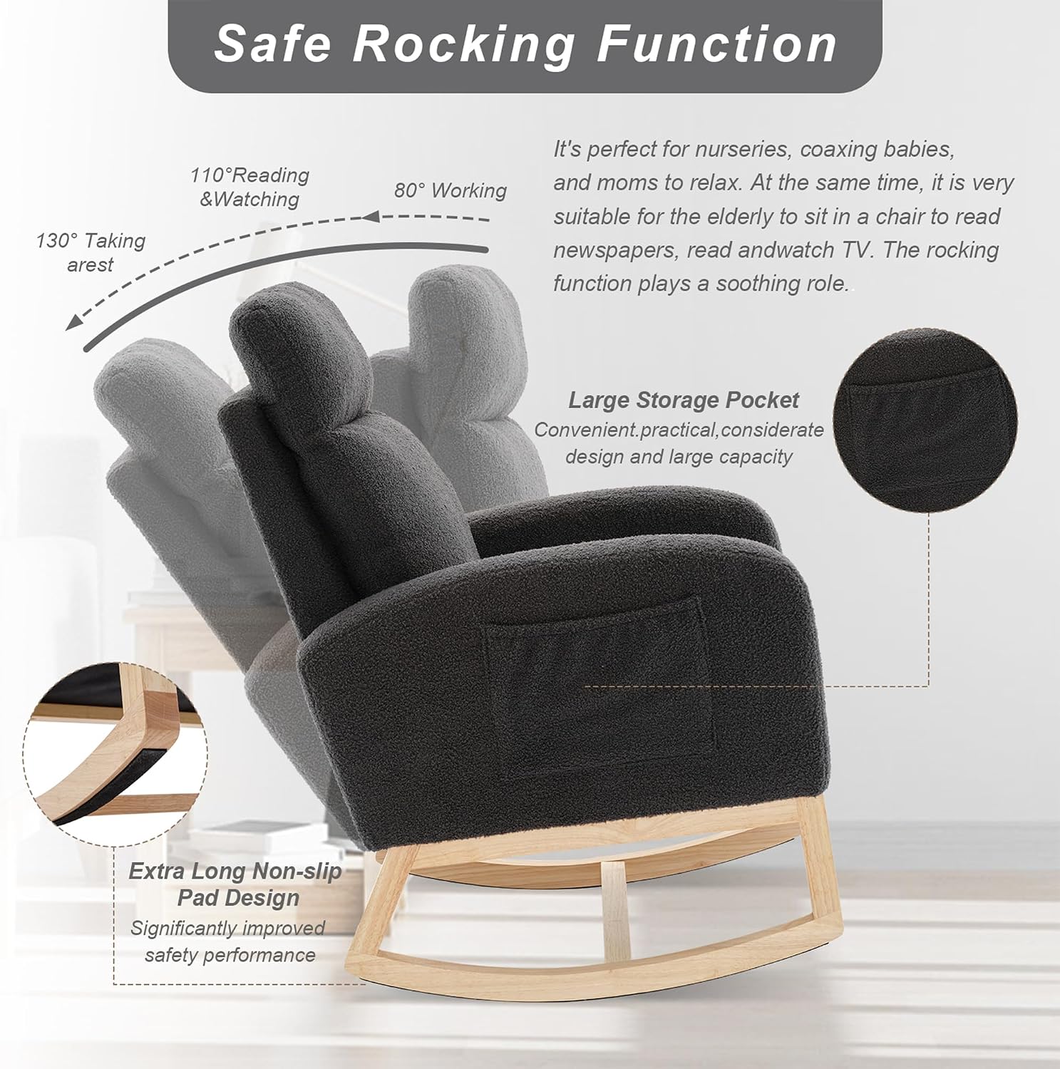 Nursery Rocking Chair with Solid Wood Legs, Glider Chair for Nursery with Side Pocket, Rocker Armchair for Living Room Bedroom (Dark Green, Teddy Fabric)