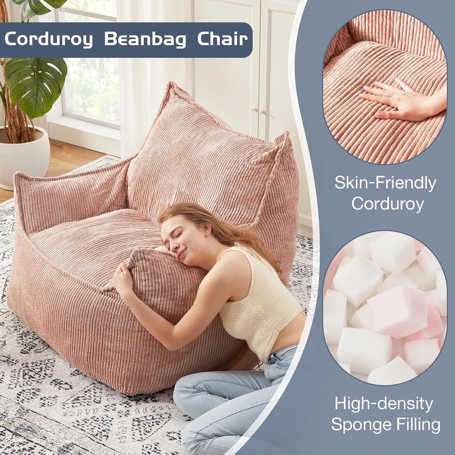 EBENCHICO Giant Bean Bag Chair Sofa for Adults Teens, Comfy Corduroy Large Bean Bag Chairs with Armrests for Bedroom Living Room, Adult BeanBag Lazy Sofa Couch Chairs with Filler Included