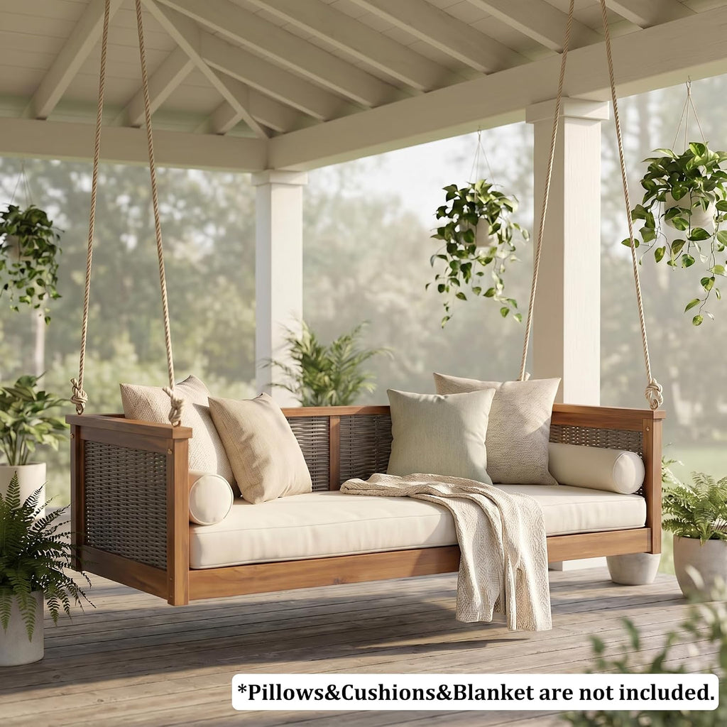 Acacia Wood & Rattan Twin Size Outdoor Swing Bed with Hanging Ropes - 3 Color Options for Backyard or Porch Relaxation (Teak/RR)