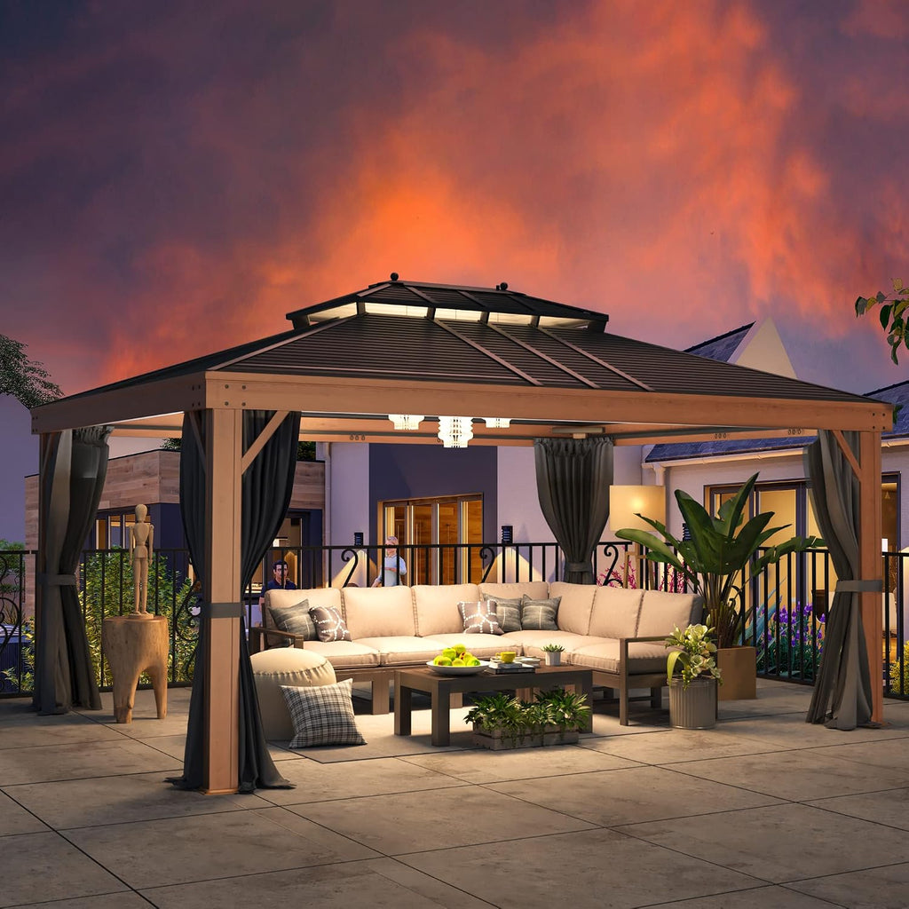 YOLENY 12'x16' Gazebo Wood Grain Aluminum Frame Hardtop Gazebos with Galvanized Steel Roof, Curtains and Nettings for Backyard,Patio and Garden