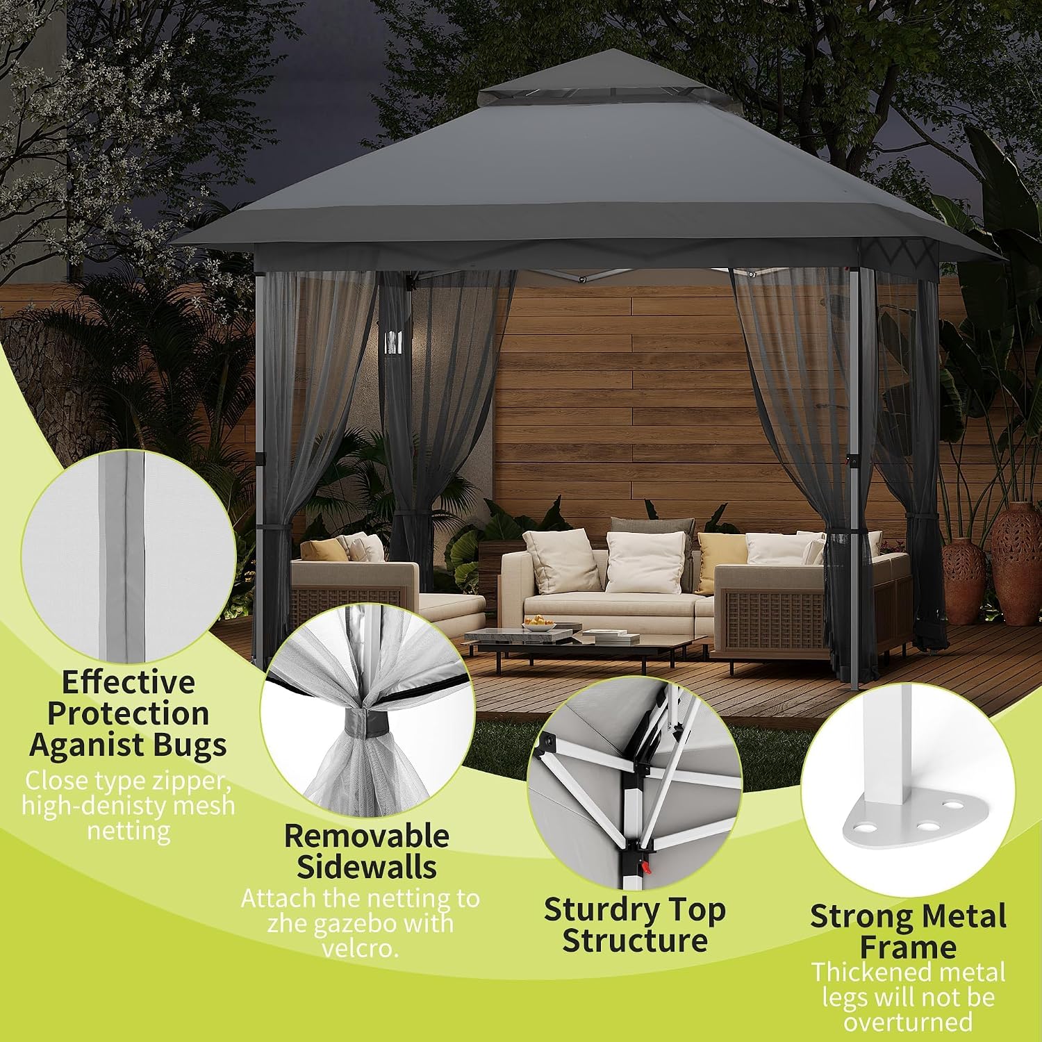 12x12ft Instant Pop Up Gazebos, Modern Waterproof Canopy Tent with Mosquito Netting, Outdoor Canopy Shelter with Wheeled Carry Bag for Patio/Garden/Backyard/Party-All-Weather&All Season(Gray+White)