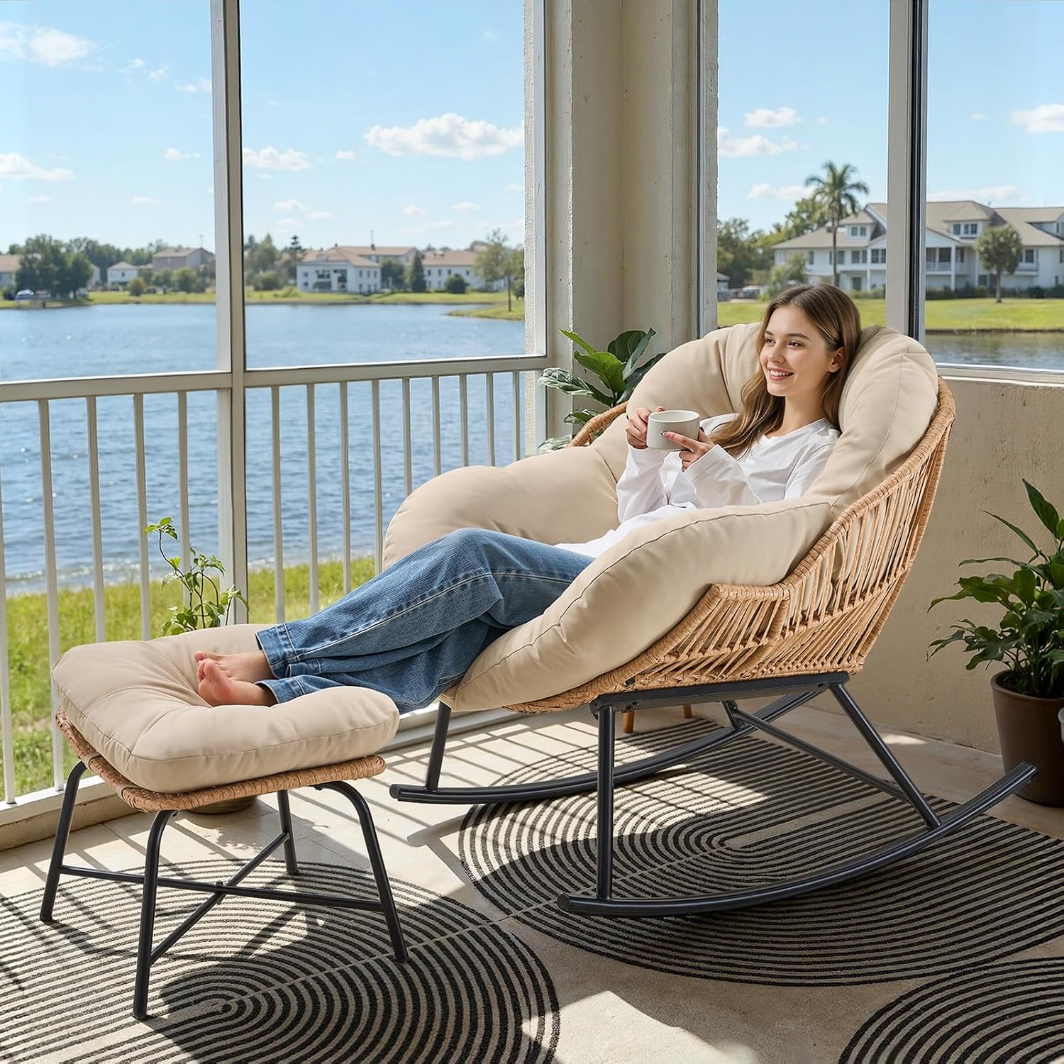 ONBRILL Papasan Rocking Chair with Ottoman,Oversized Papasan Chair with Padded Cushion, Indoor & Outdoor Rocker Chair for Living Room, Patio, Garden, Beige