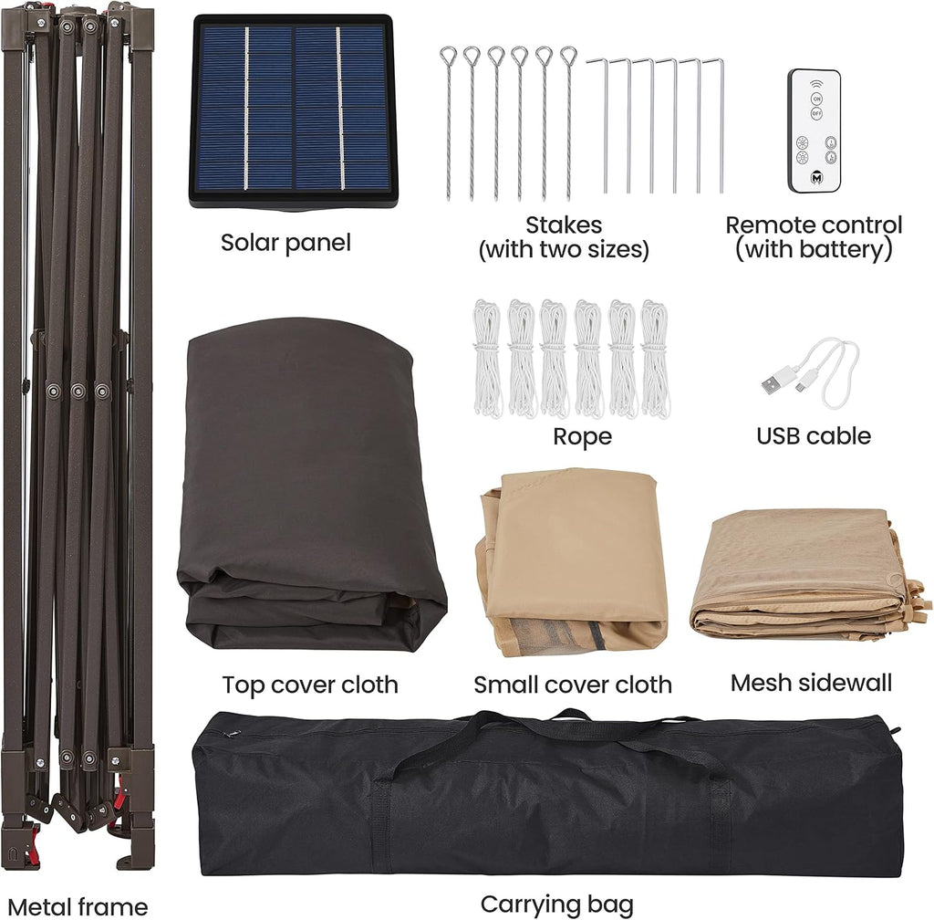 Topeakmart Instant Pop-up Gazebo 13 x 13 Canopy Tent Shelter with 25 Solar LED Lights, Mesh Netting Sides, Storage Bag, Bonus Weight Sandbags, Stakes, Ropes, Khaki & Brown