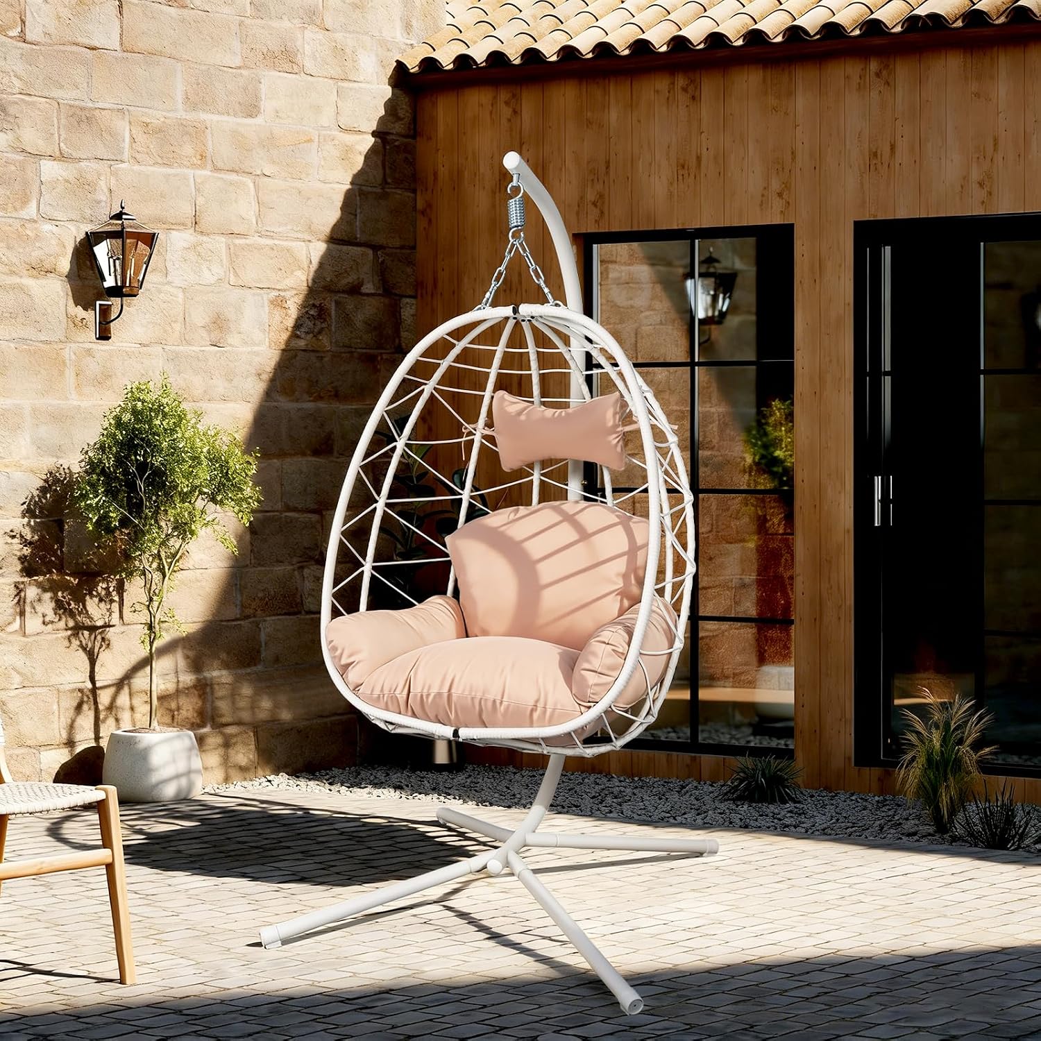 Egg Chair with Stand, Wicker Hanging Chair for Outdoor Patio, Cushioned Hammock Swing for Bedroom Garden Indoor/Outdoor, Double-Zipper Structure Hanging Egg Chair (White and Beige)