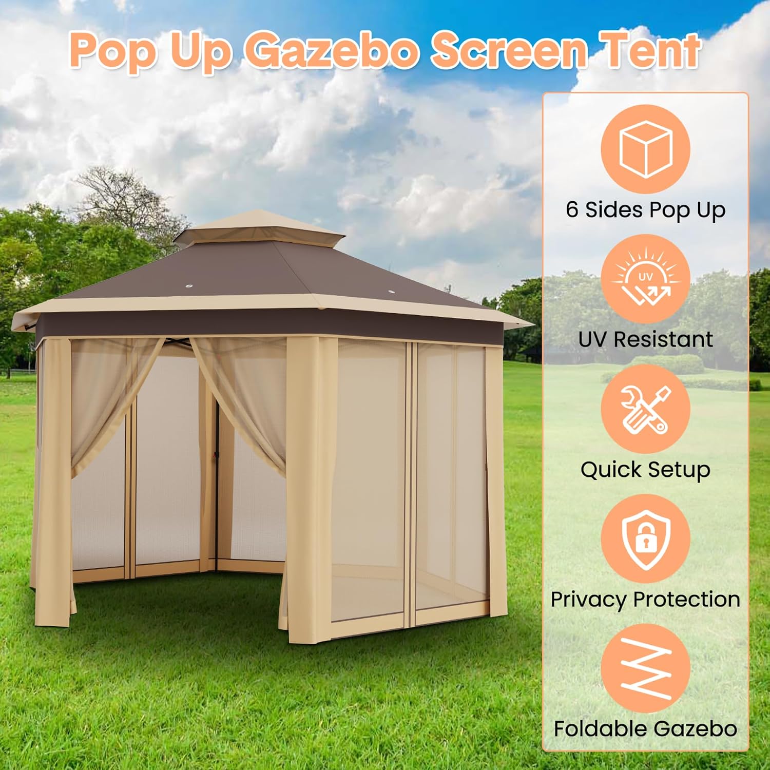 13x13FT Pop Up Gazebo Screen Tent,Hexagonal Instant Gazebo Tent with Mosquito Netting Outdoor Canopy,6 Sided Sun Shelter with Mesh Netting,Pavilion Tents for Lawn, Garden, Backyard & Patio Furniture