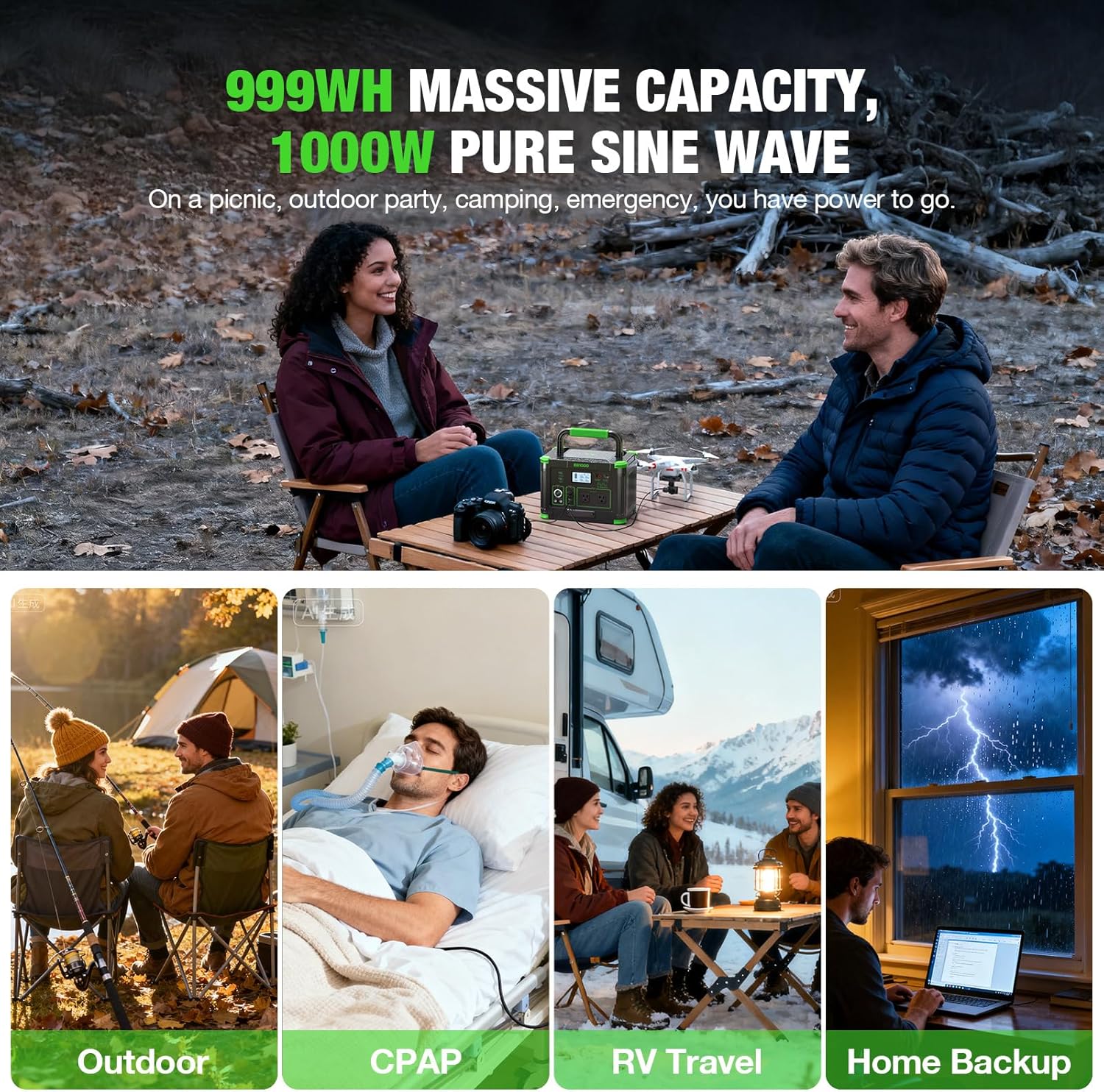 1000W Portable Power Station, 999Wh Solar Generator Backup Battery with Pure Sine Wave, Solar/AC/Car Chargable for Camping, RV, Home Emergency & Outdoor Adventures