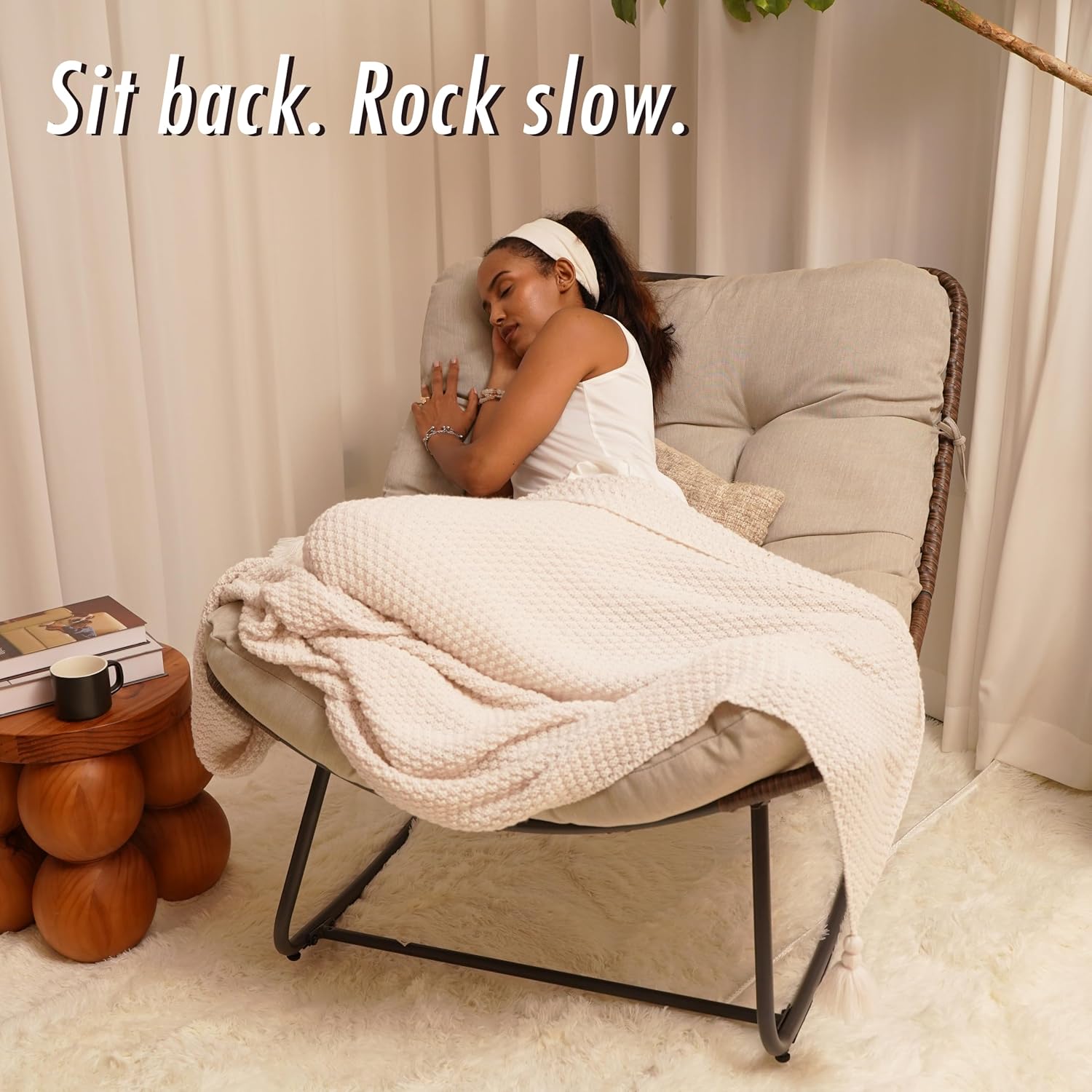 Outdoor Papasan Rocking Chair Oversized - Rocking Chair with Soft Cushion, 30° Rocker Egg Chair for Patio, Front Porch, Backyard, Living Room, Beige